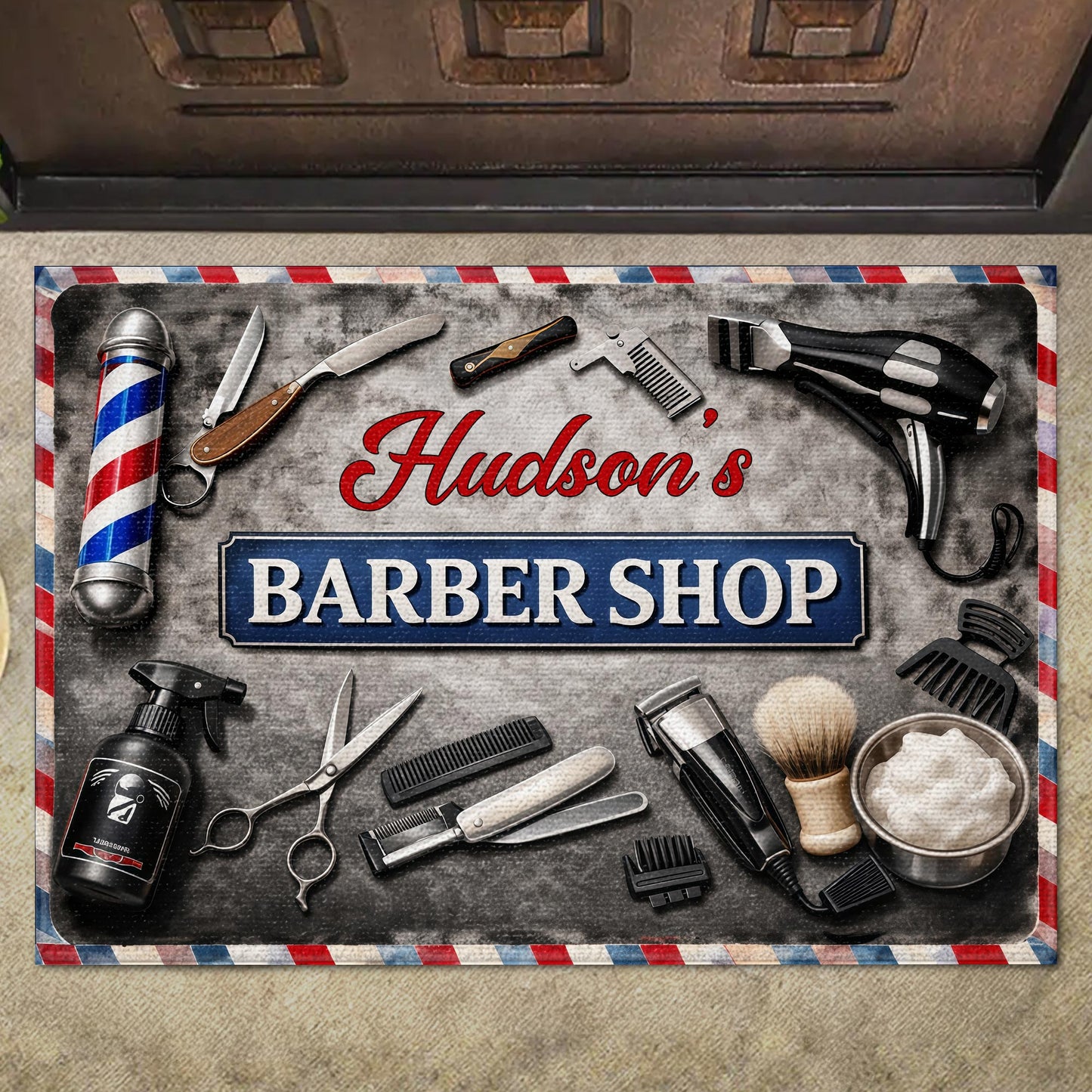 Barber Shop With Professional Tools And Barber Pole Design - Personalized Custom Doormat - JBS165_DRM