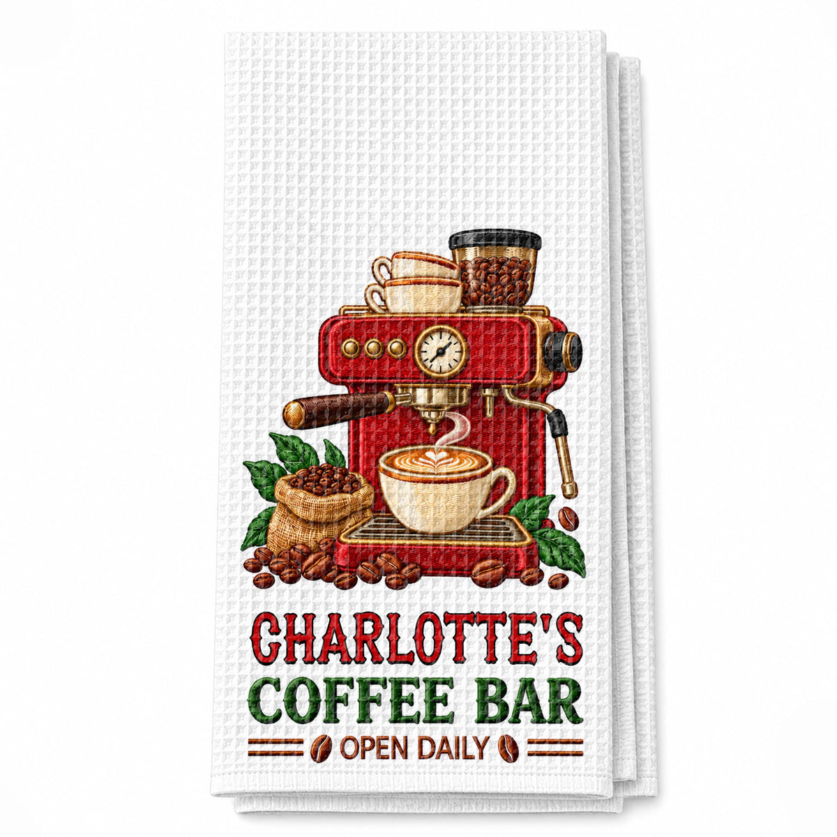 Coffee Bar Open Daily Espresso Machine And Beans Design - Personalized Kitchen Towel - JBS516_TOWL
