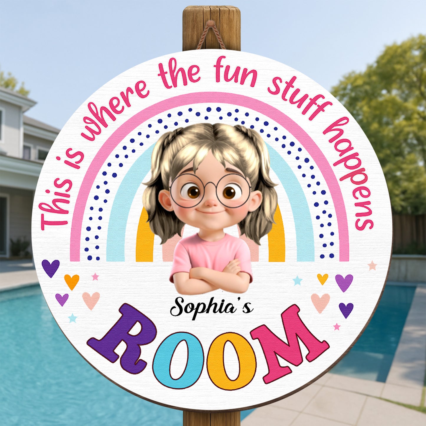 Aquí es donde ocurre la diversión. Decoración arcoíris - Letrero de madera personalizado con forma personalizada - KID012_WSIGN