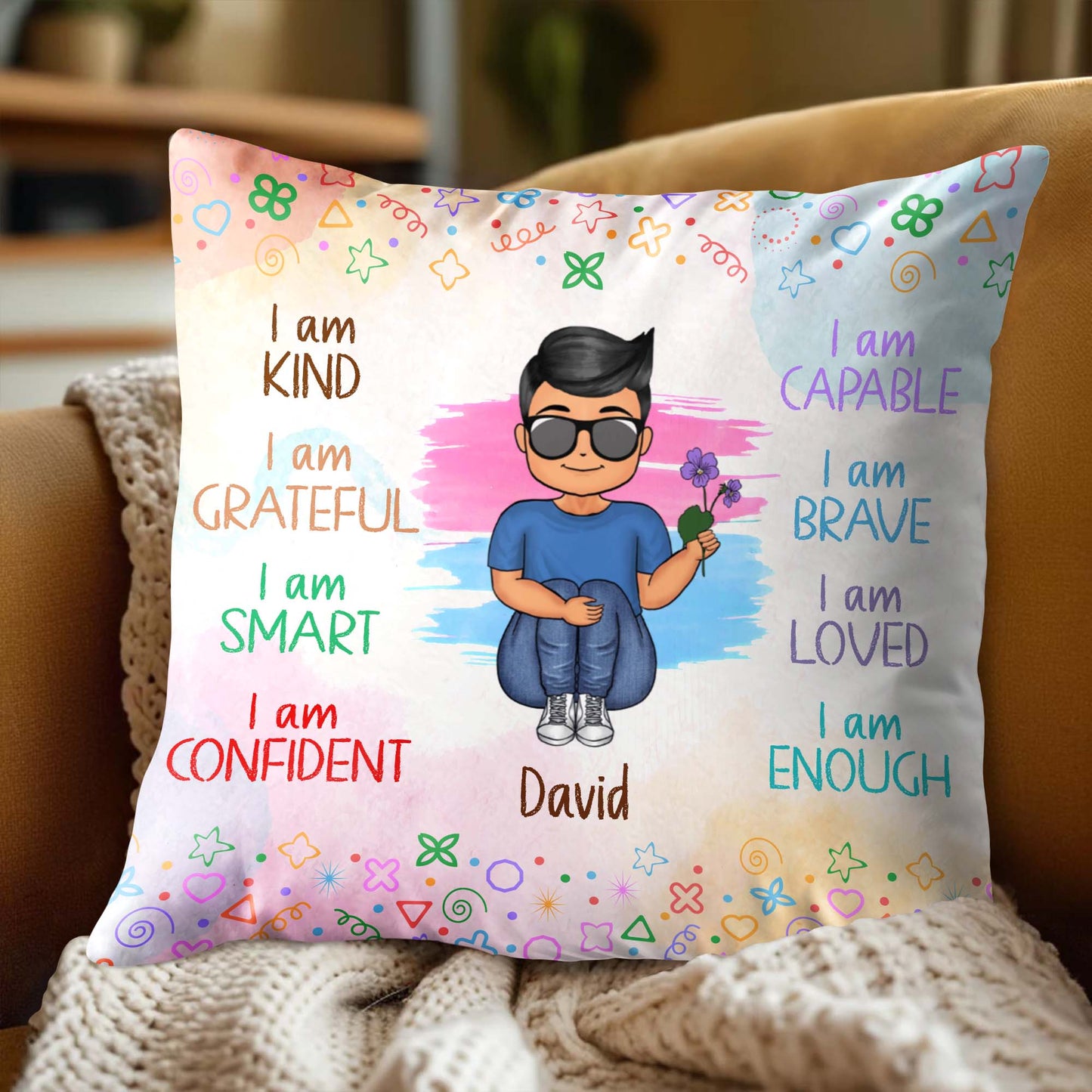 I Am Brave, I Am Loved, I Am Enough Cartoon Boy Pillow