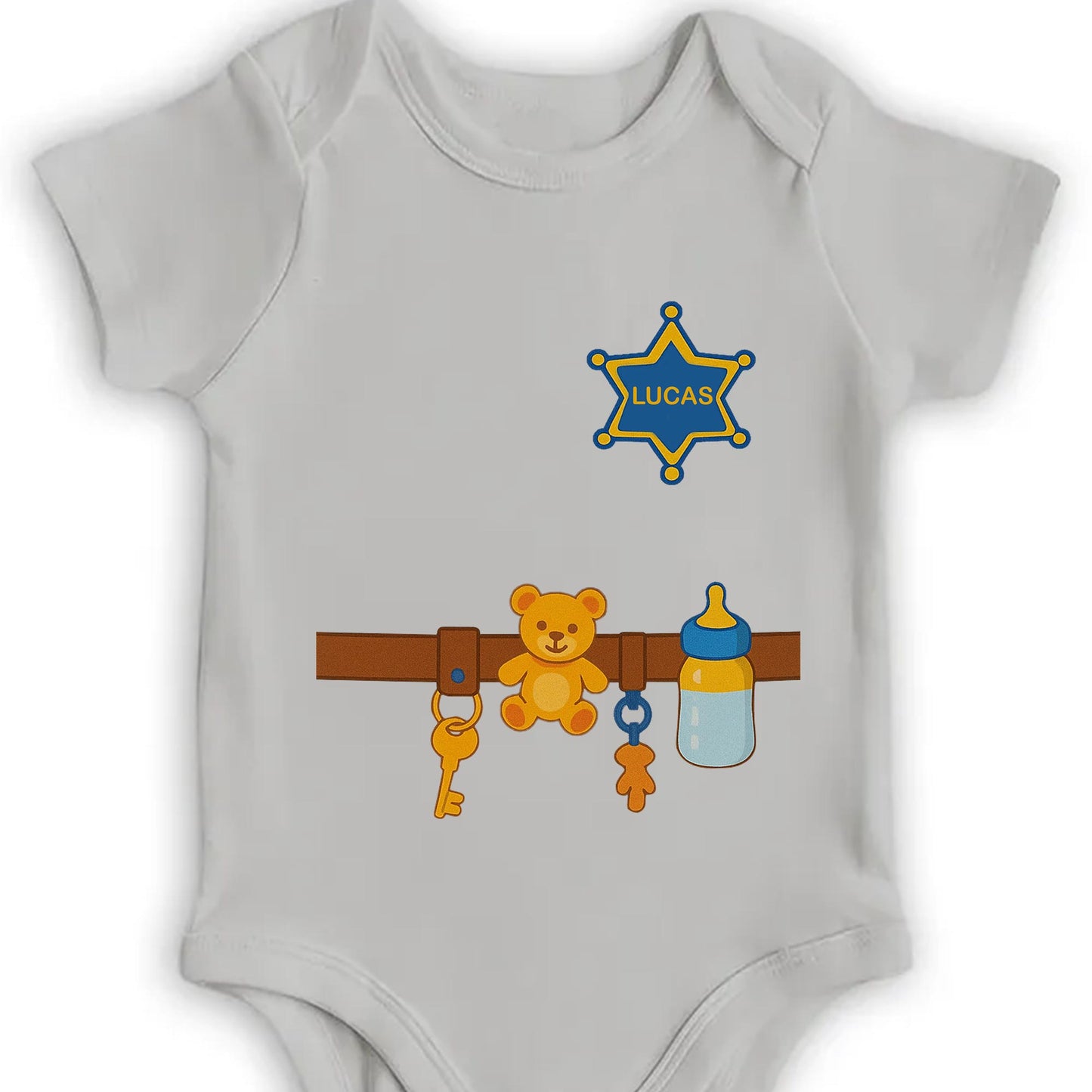 Customizable Baby Onesie Featuring Teddy Bear, Feeding Bottle And Keys