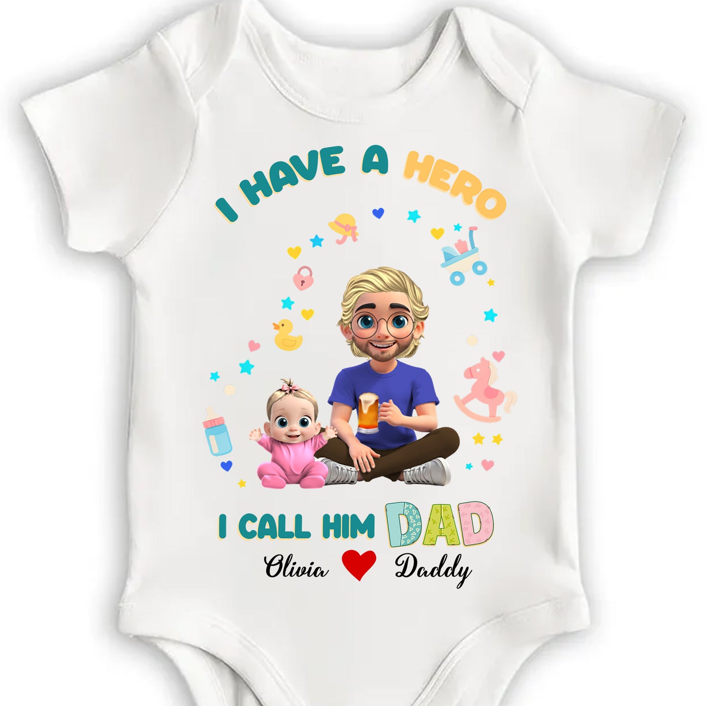 I Have A Hero I Call Him Dad, Cartoon Father And Little Girl - Personalized Custom Baby Onesie - KID064_ONES