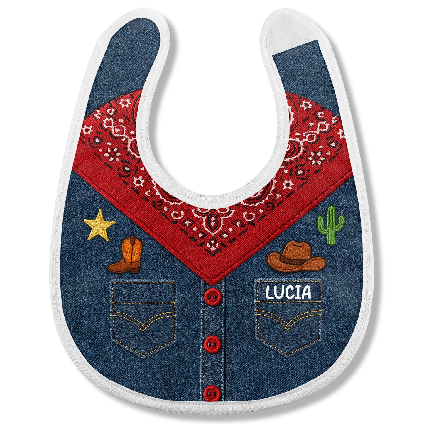 Vibrant Western-Themed Baby Bib, Bandana Print, Cactus, and Cowboy Hat