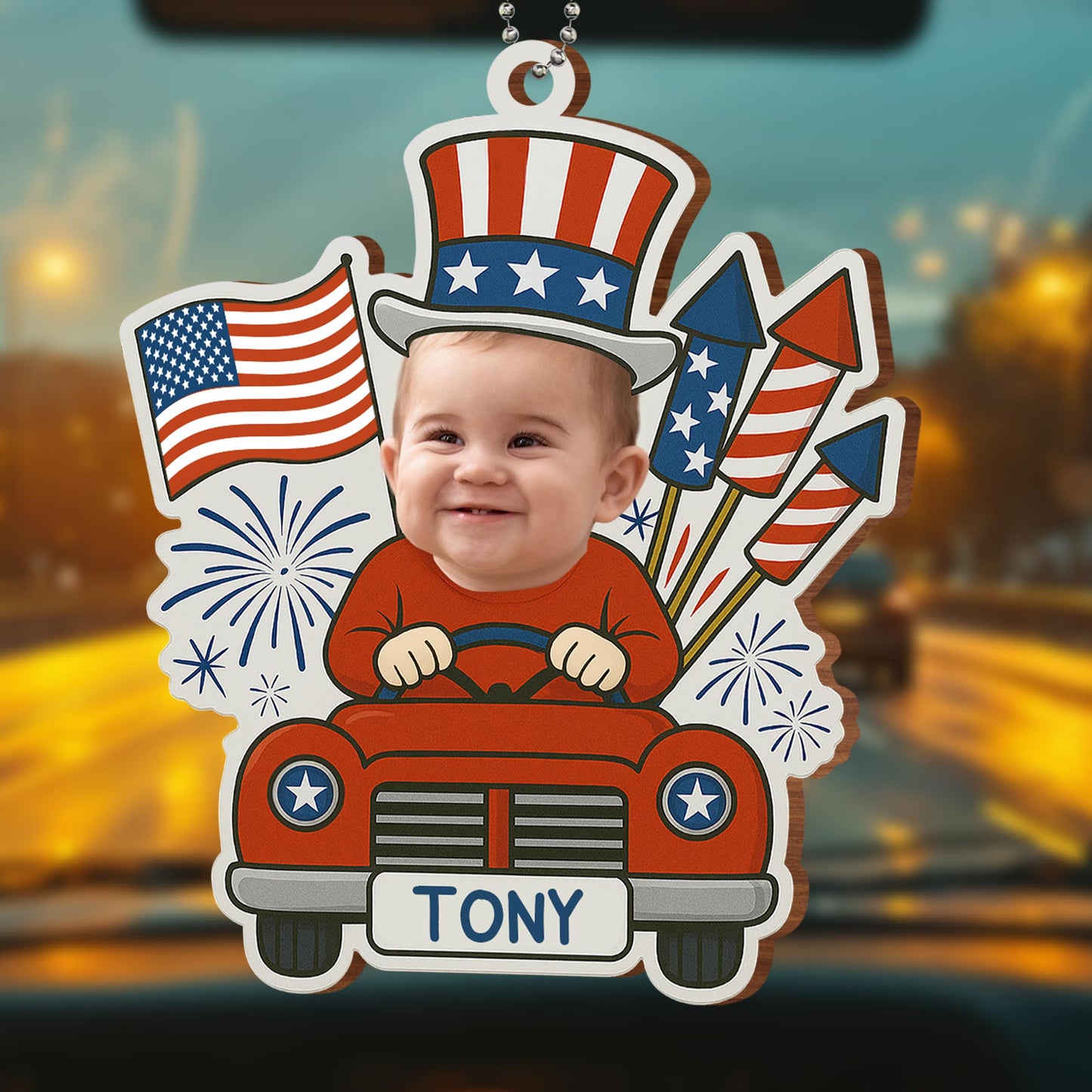 Customizable Ornament With Baby, Flags, And Fireworks