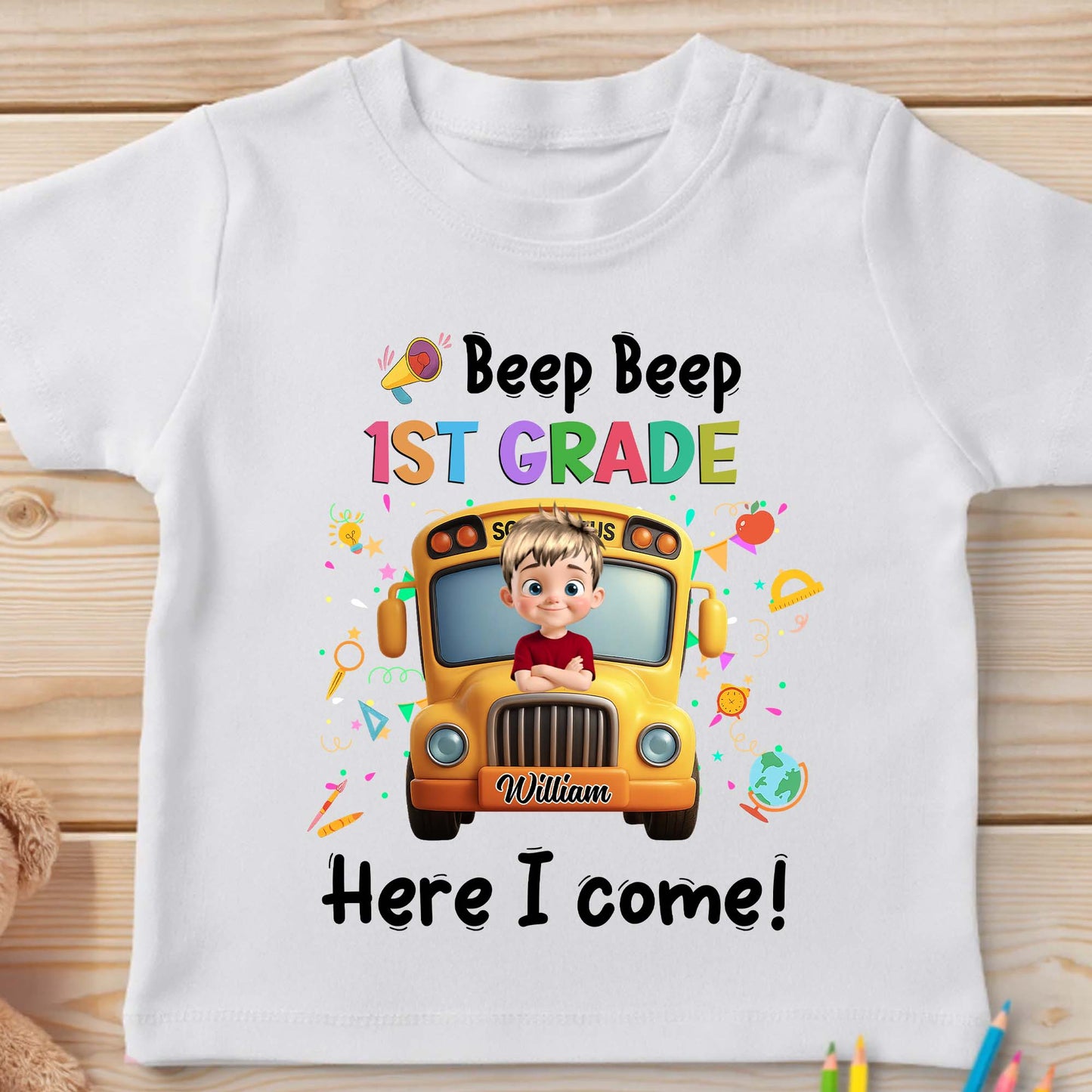Beep Beep 1st Grade Here I Come School Bus Design - Personalized Custom Youth T-shirt - KID116_WYOU