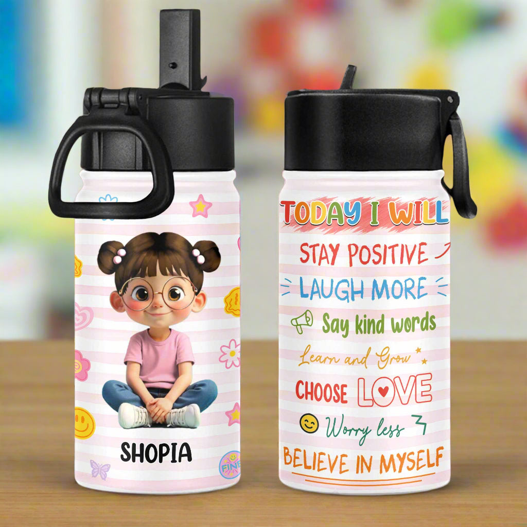 Hoy mantendré una actitud positiva, elegiré el amor. Botella de agua personalizada para niños con tapa de pajita - KID132_KIBS