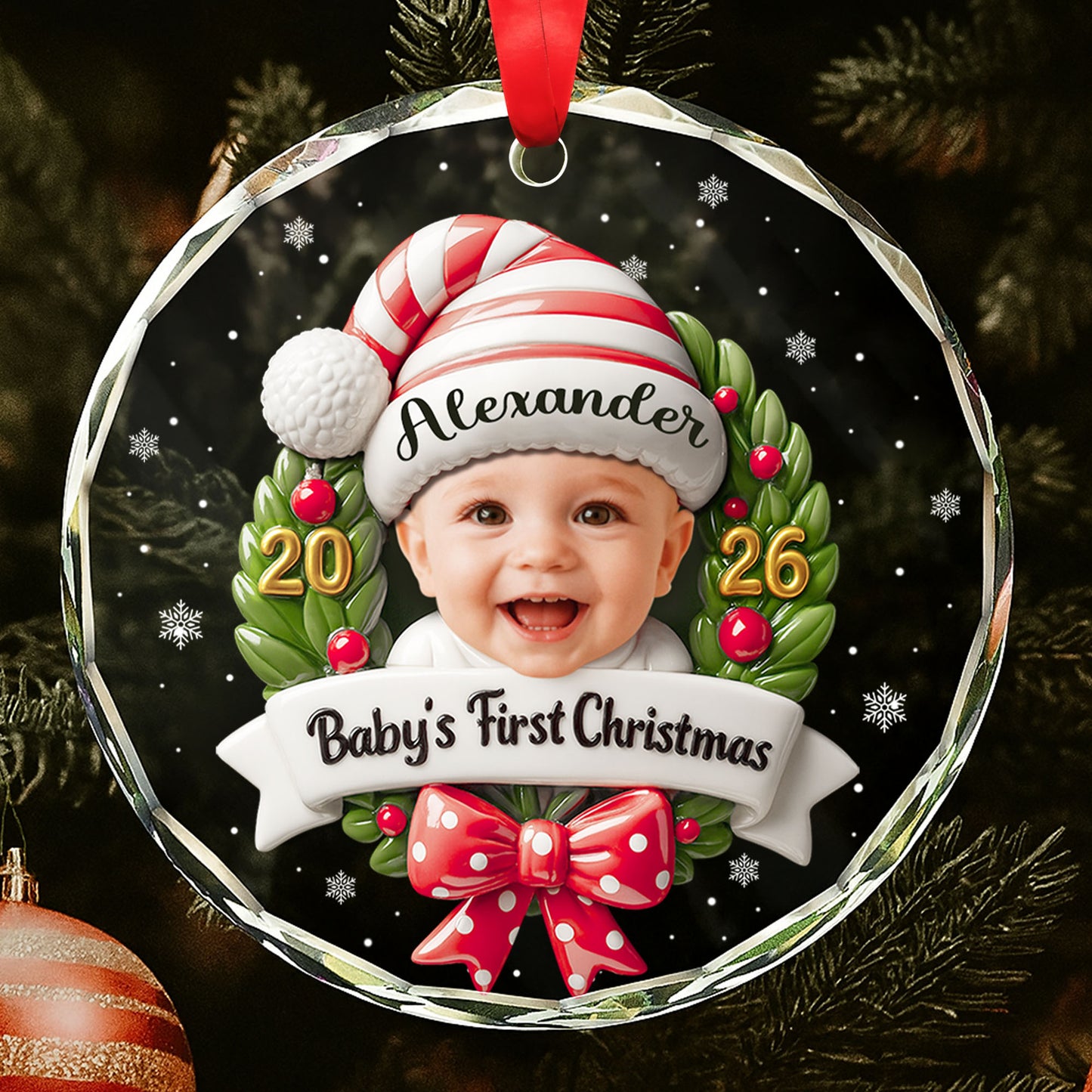 Baby's First Christmas Photo Wreath And Red Bow - Personalized Custom Circle Glass Ornament - KID152_CGOR