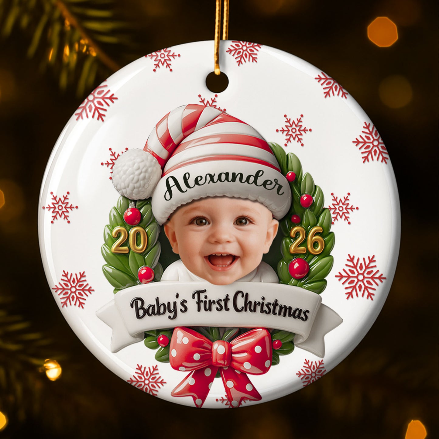 Baby's First Christmas With Photo Wreath And Santa Hat - Personalized Custom Ceramic Ornament With Round Shape - KID152_RCE