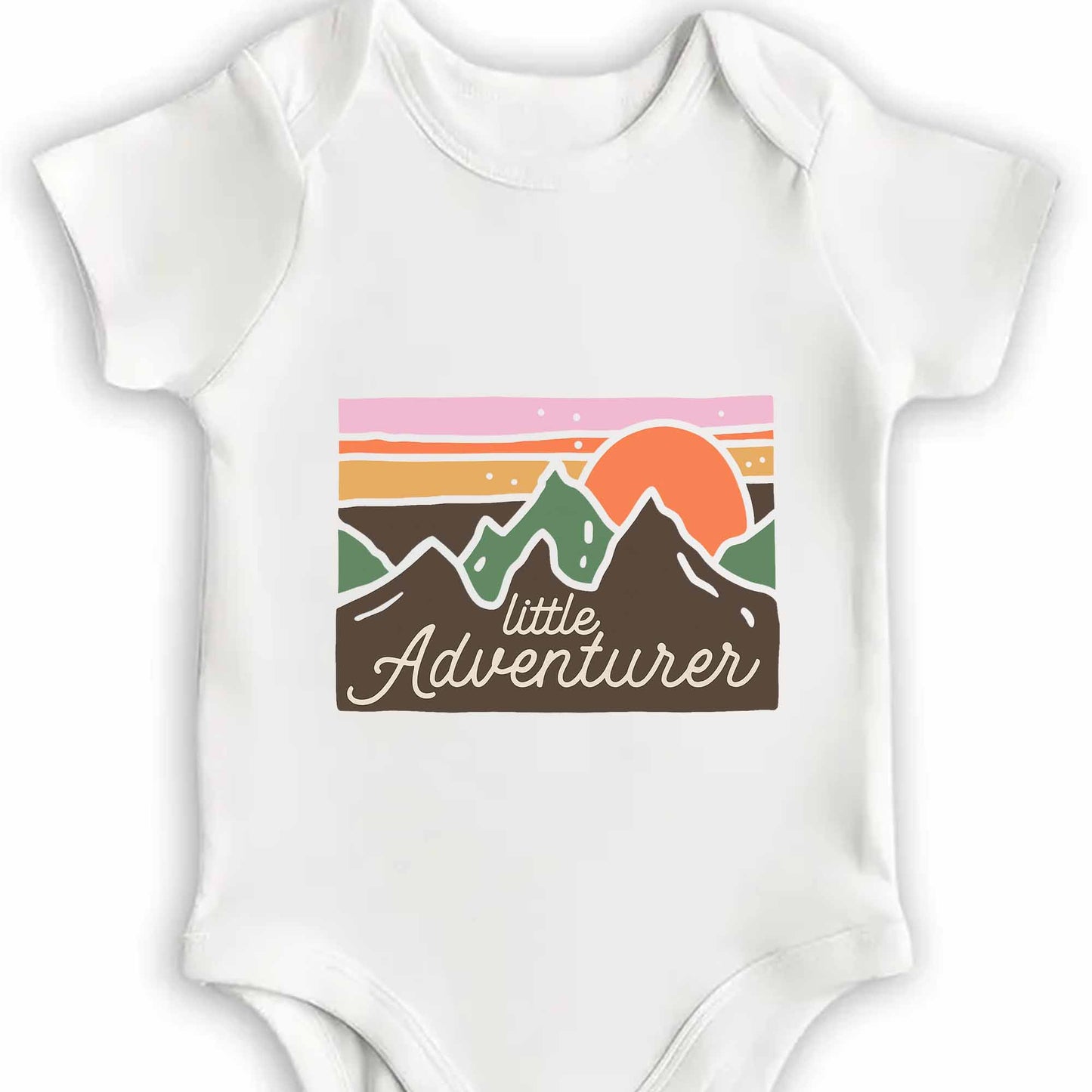 Little Adventurer Baby Onesie With Mountain And Sun Design