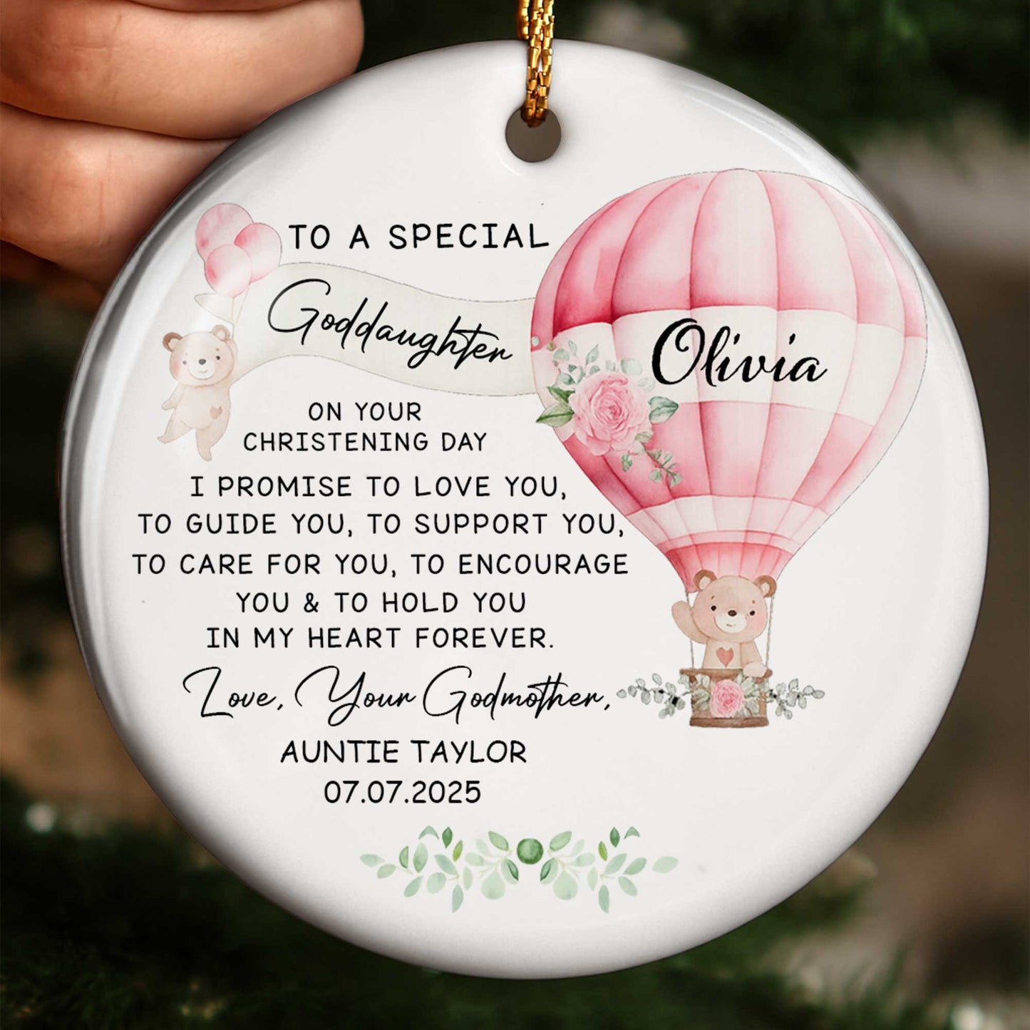 To A Special Goddaughter On Your Christening Day, Hot Air Balloon And Teddy Bear - Personalized Custom Ceramic Ornament With Round Shape - KID236_RCE