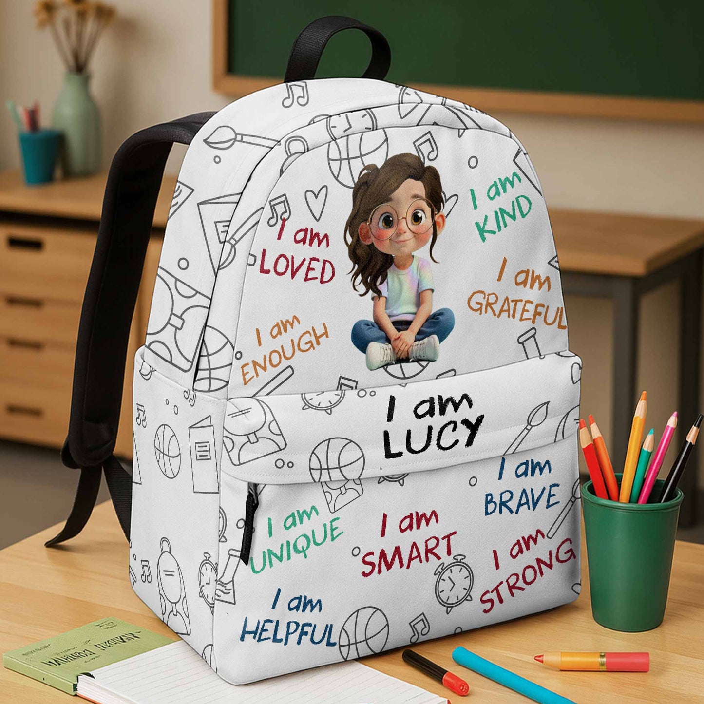 I Am Loved, I Am Smart, Cartoon Girl Backpack Design