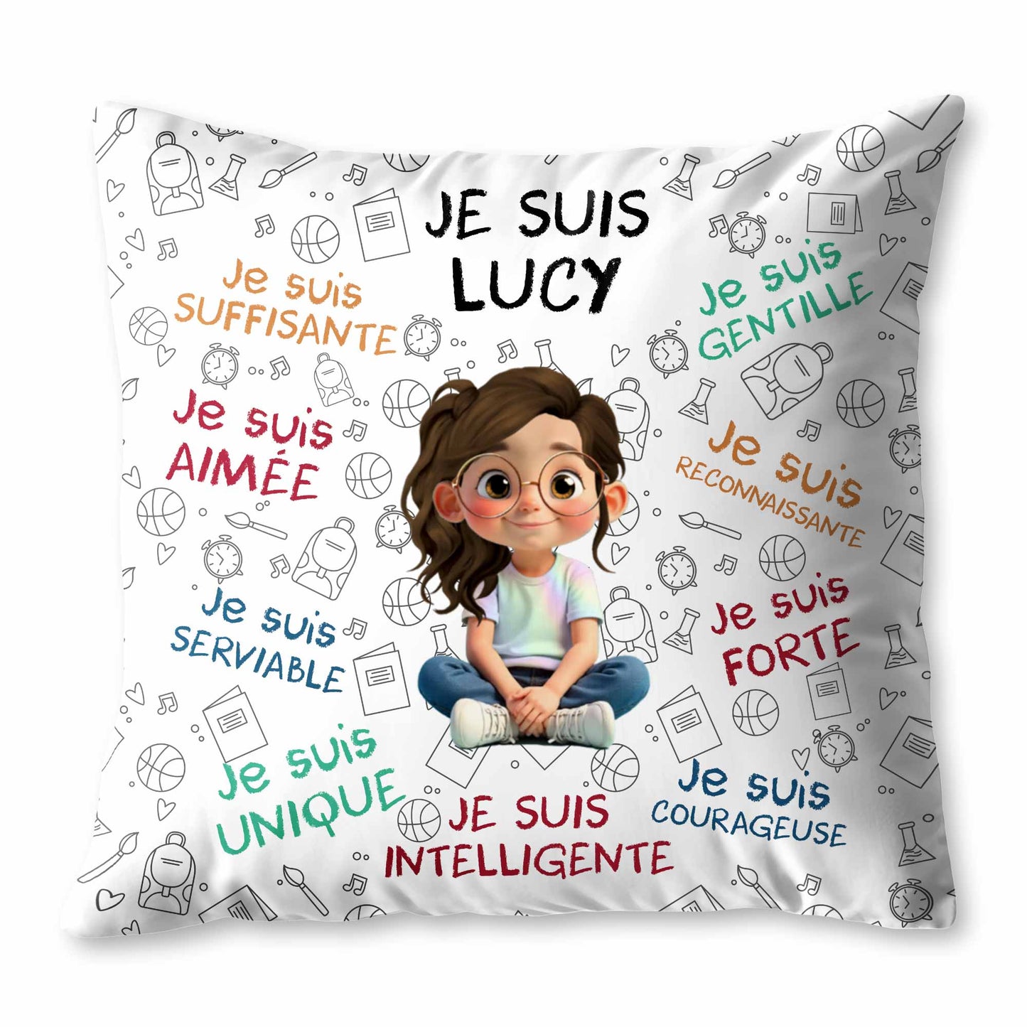 Je Suis Unique, Courteous, Loved, Custom Cartoon Girl Pillow - Personalized Custom Pillow, Insert Included - KID316_PLW