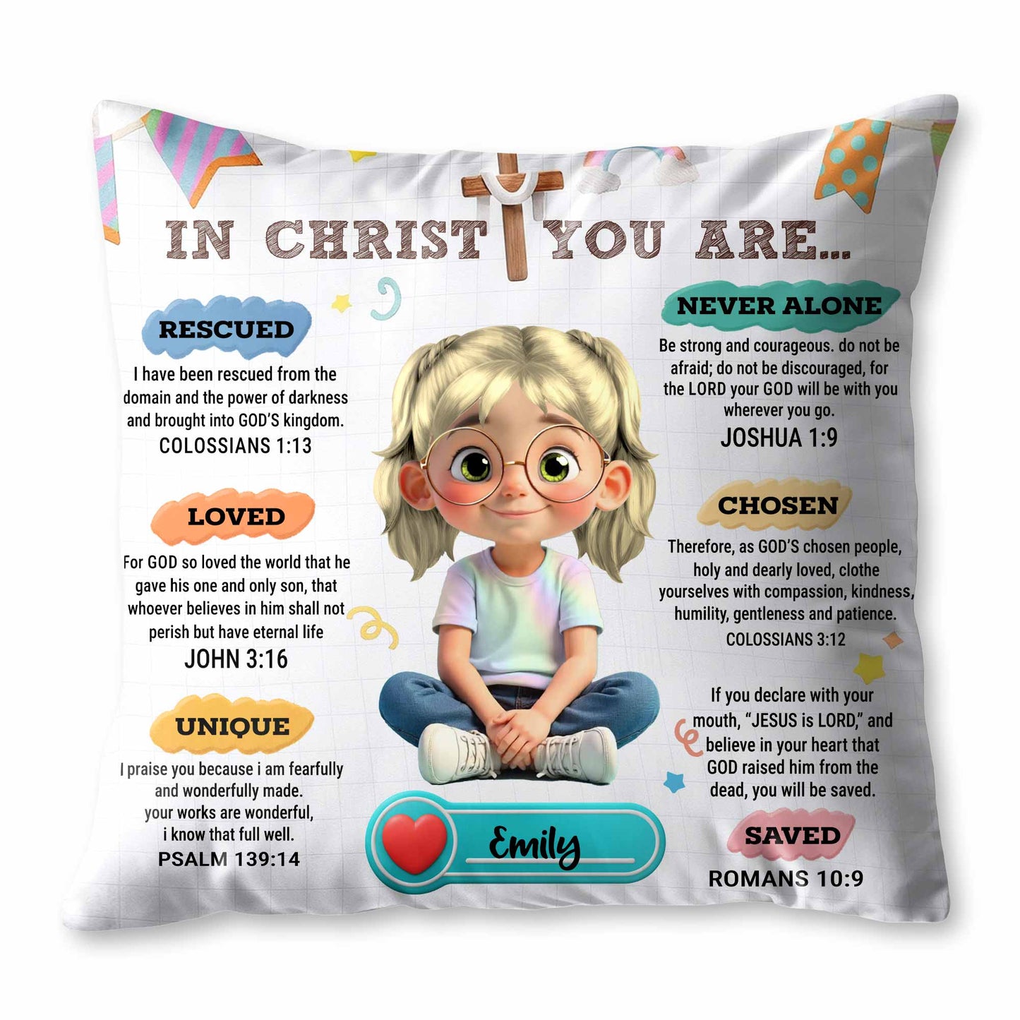 In Christ You Are, Cute Girl With Inspirational Christian Texts - Personalized Custom Pillow, Insert Included - KID320_PLW