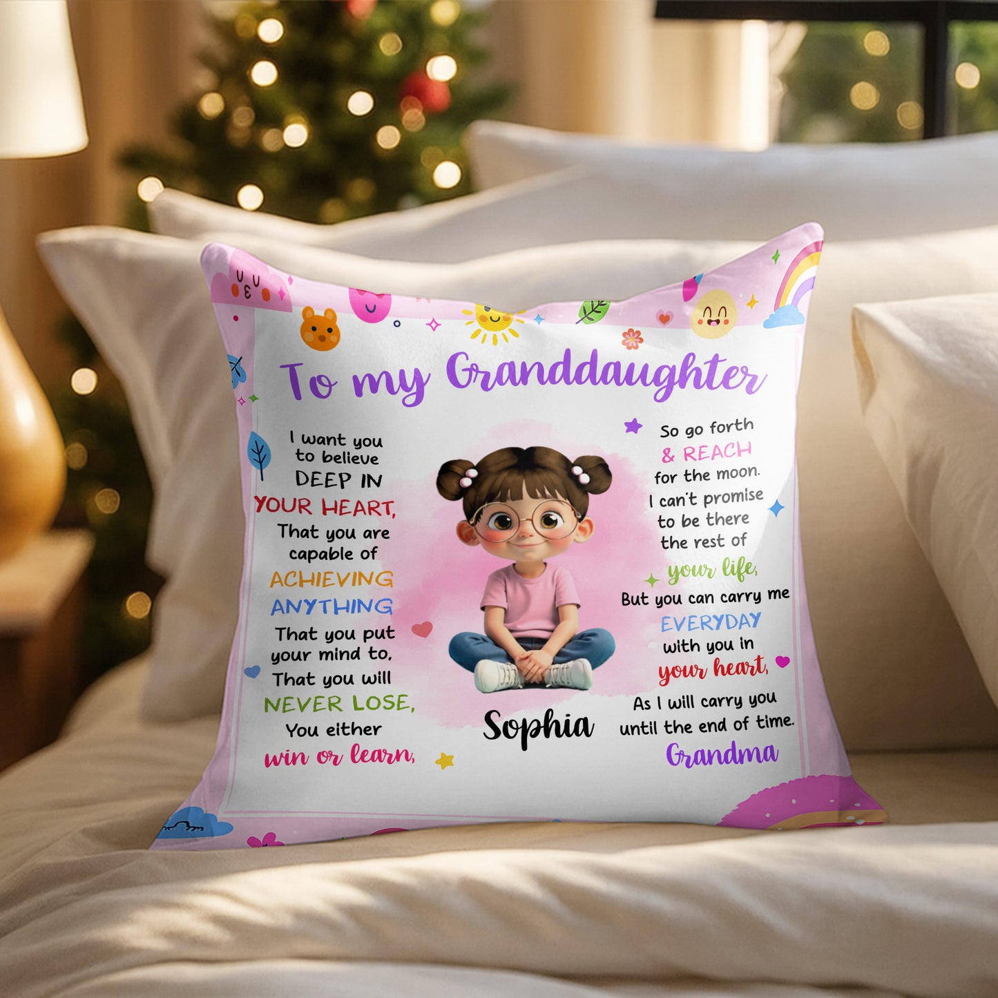 To My Granddaughter Believe In Yourself Cute Girl Hearts Stars - Personalized Custom Pillow, Insert Included - KID321_PLW