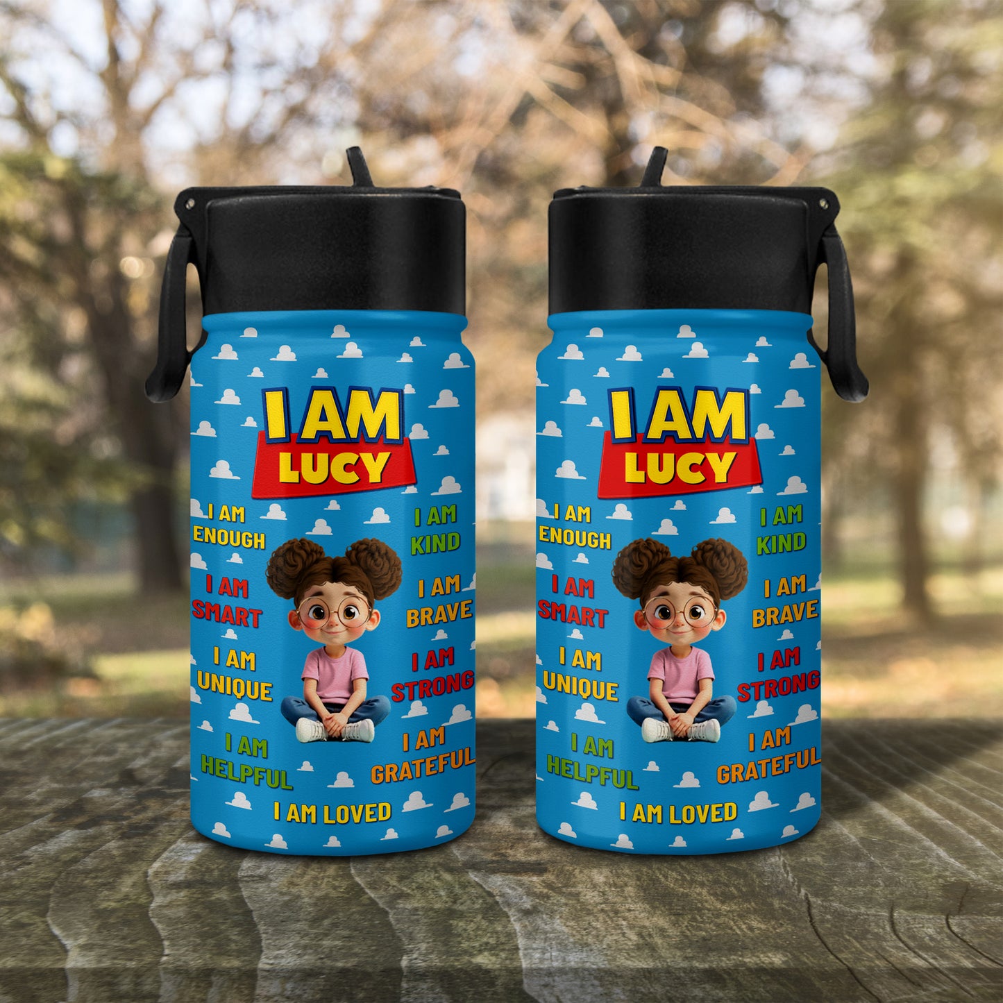 I Am Kind, Brave, Strong, Loved, Clouds And Cartoon Girl Design