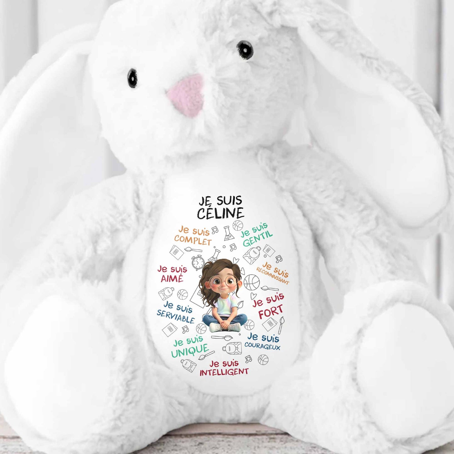 Je Suis Complete, Gentil, Personalized Bunny With Cartoon Girl