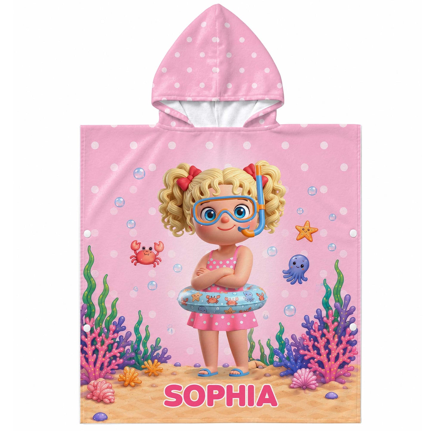 Little Girl Underwater Sea Friends Summer Fun Snorkel Mask And Crab - Personalized Kids Hooded Beach Towel - KID704_HOTOKI