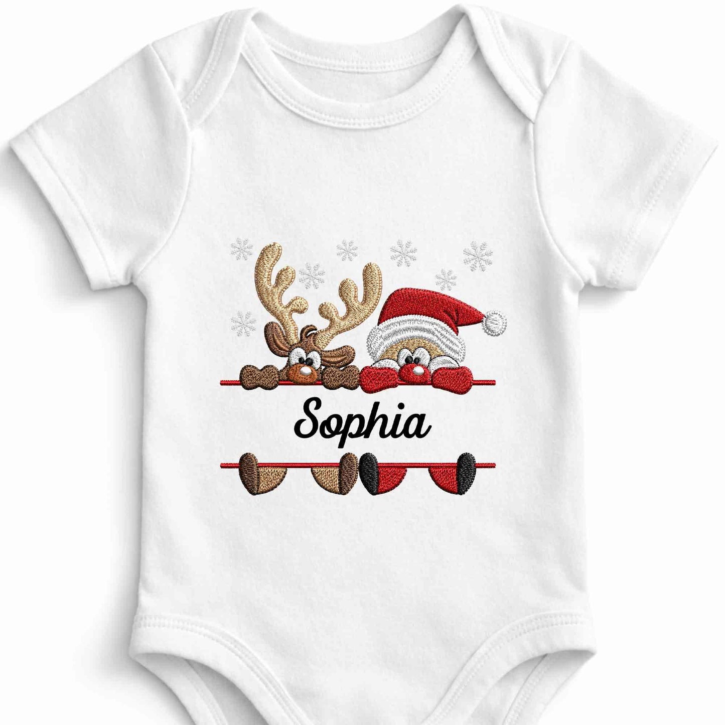 Baby's First Christmas With Santa And Reindeer Snowflakes - Personalized Custom Baby Onesie - KID843_ONES