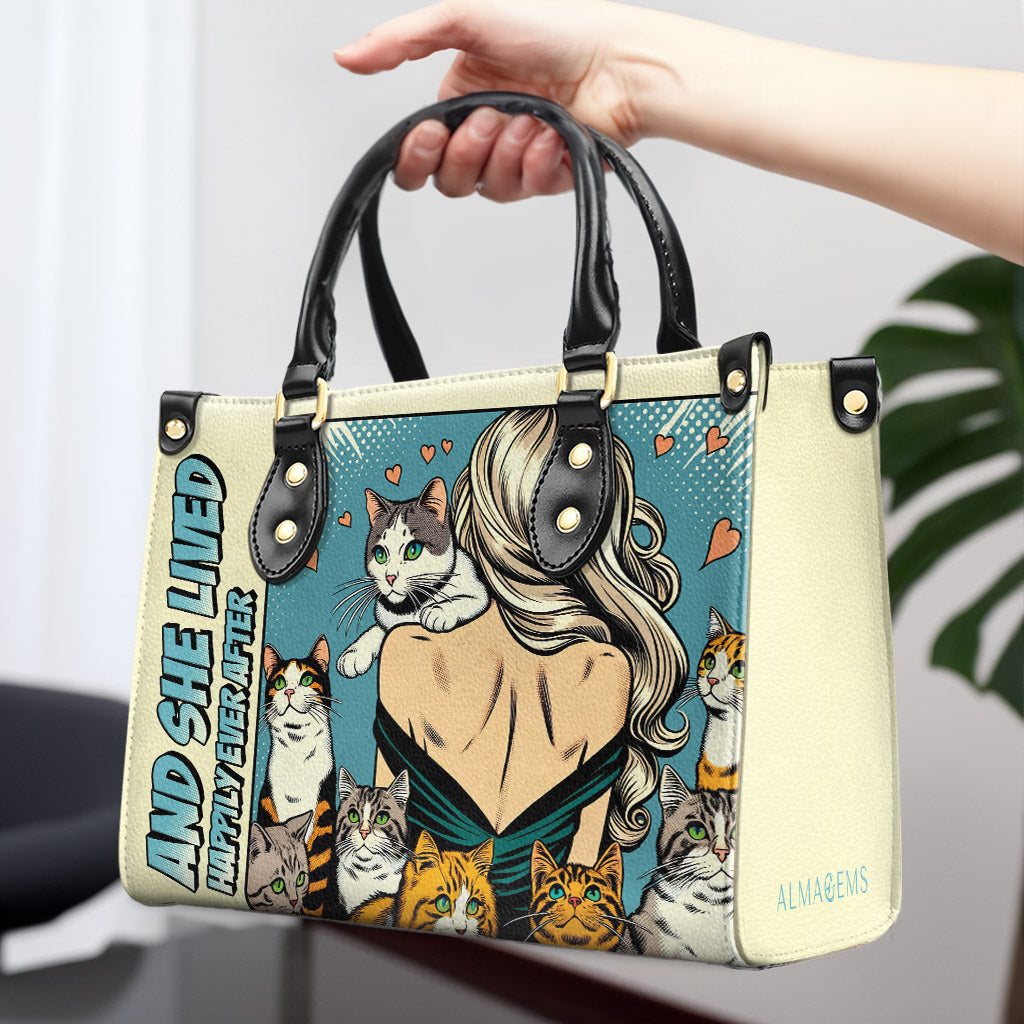 Y vivió feliz para siempre - Bolso de cuero personalizado para amantes de los gatos - LL04