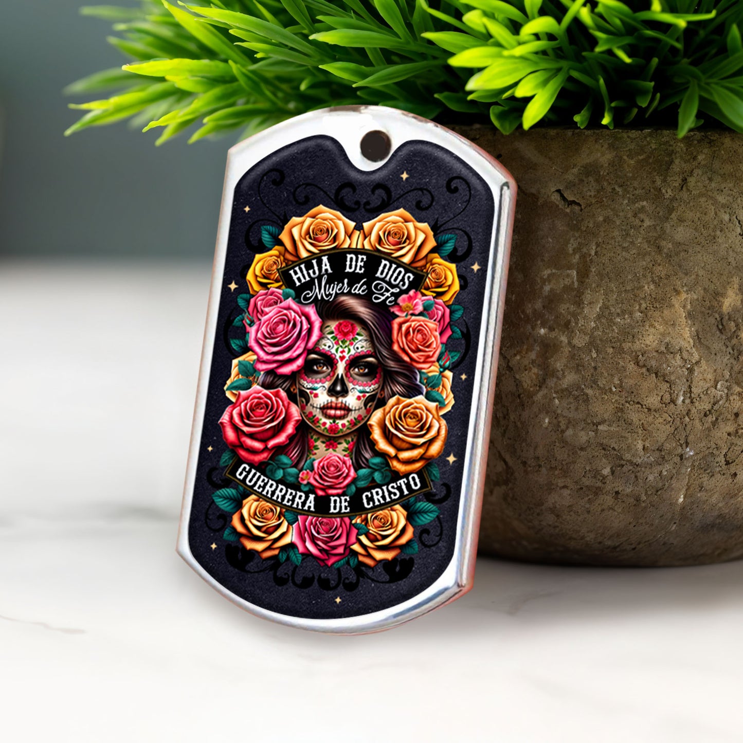 Daughter Of God Warrior Of Christ Keychain With Skull And Roses