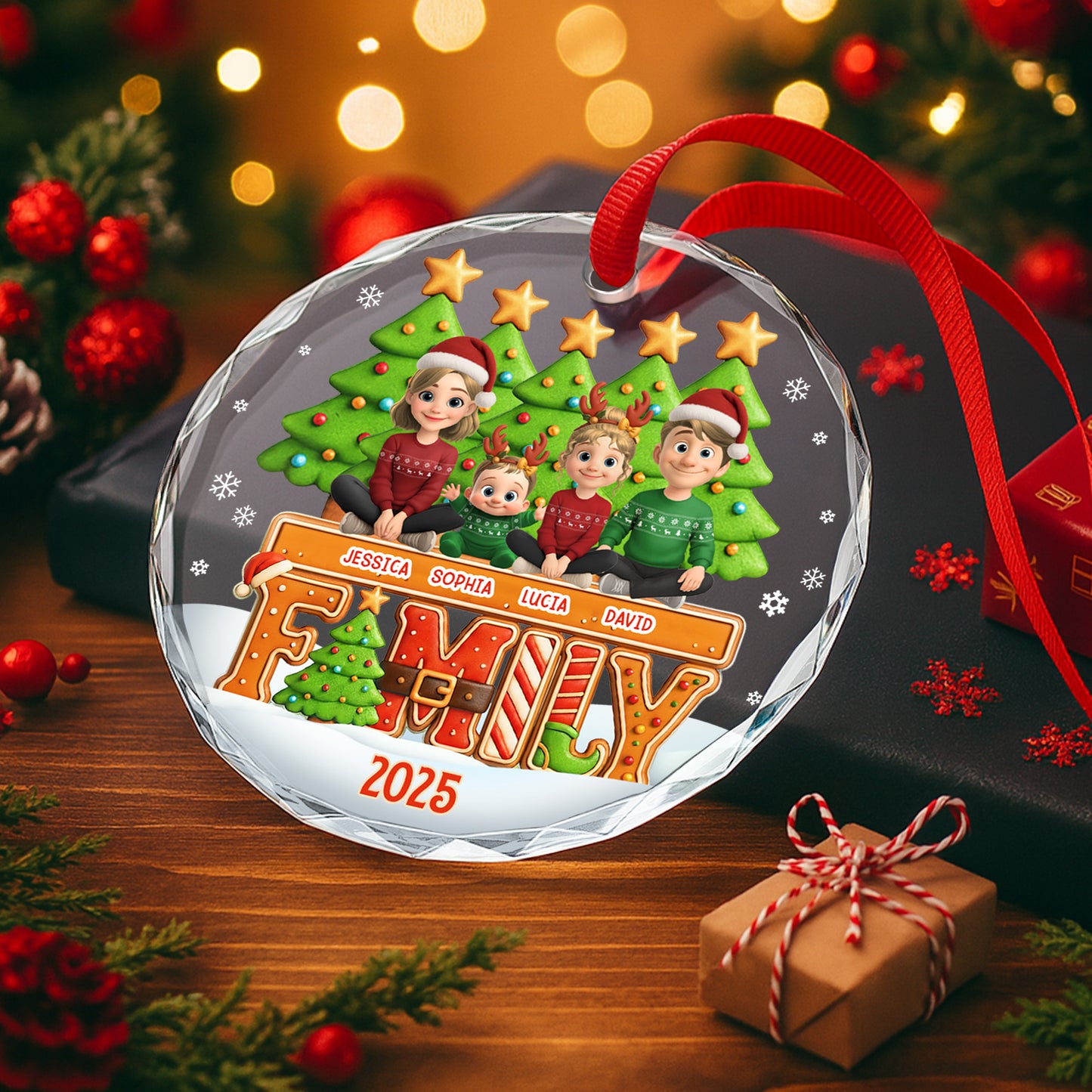 Celebrate Your Family This Christmas With Festive Trees And Stars - Personalized Custom Circle Glass Ornament - FAM632_CGOR
