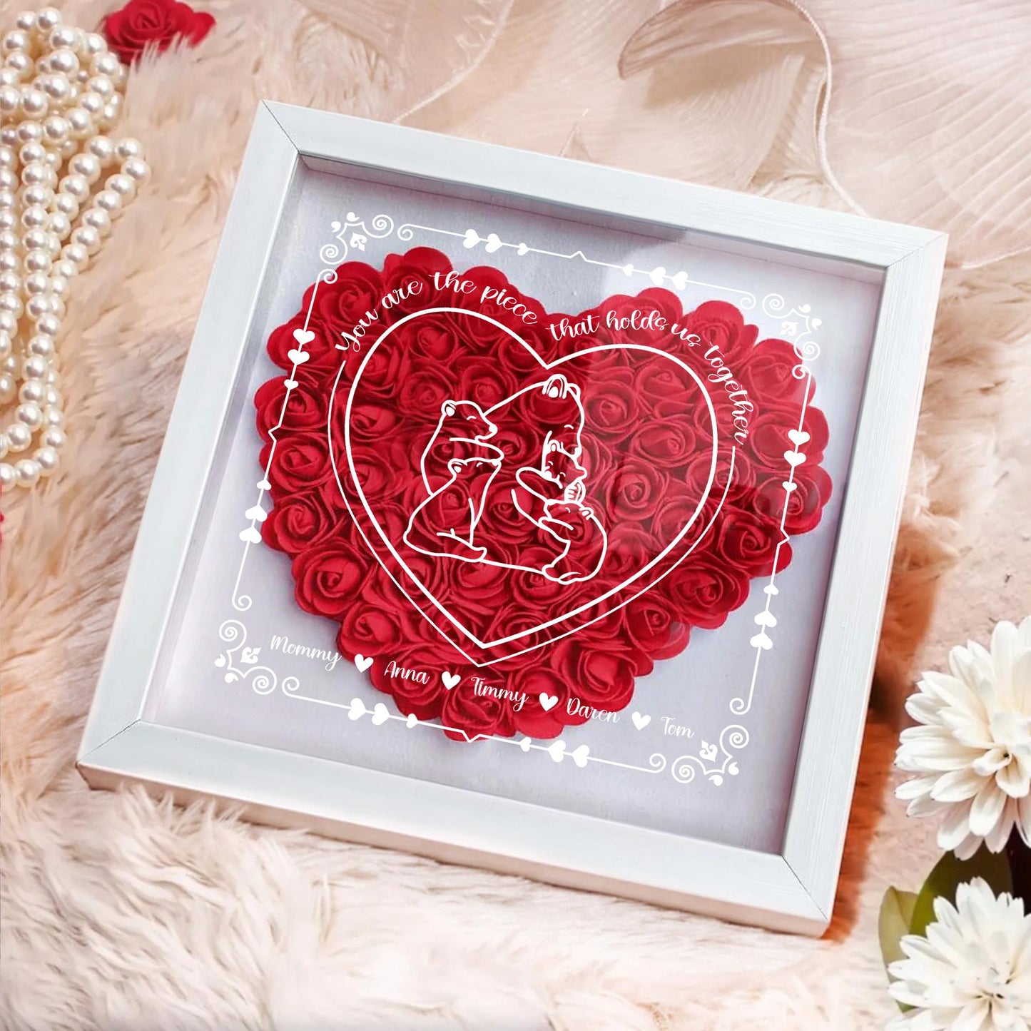 Eres la pieza que nos mantiene unidos, corazón y osos - Caja de sombras de flores personalizada - MOM012_HESHA