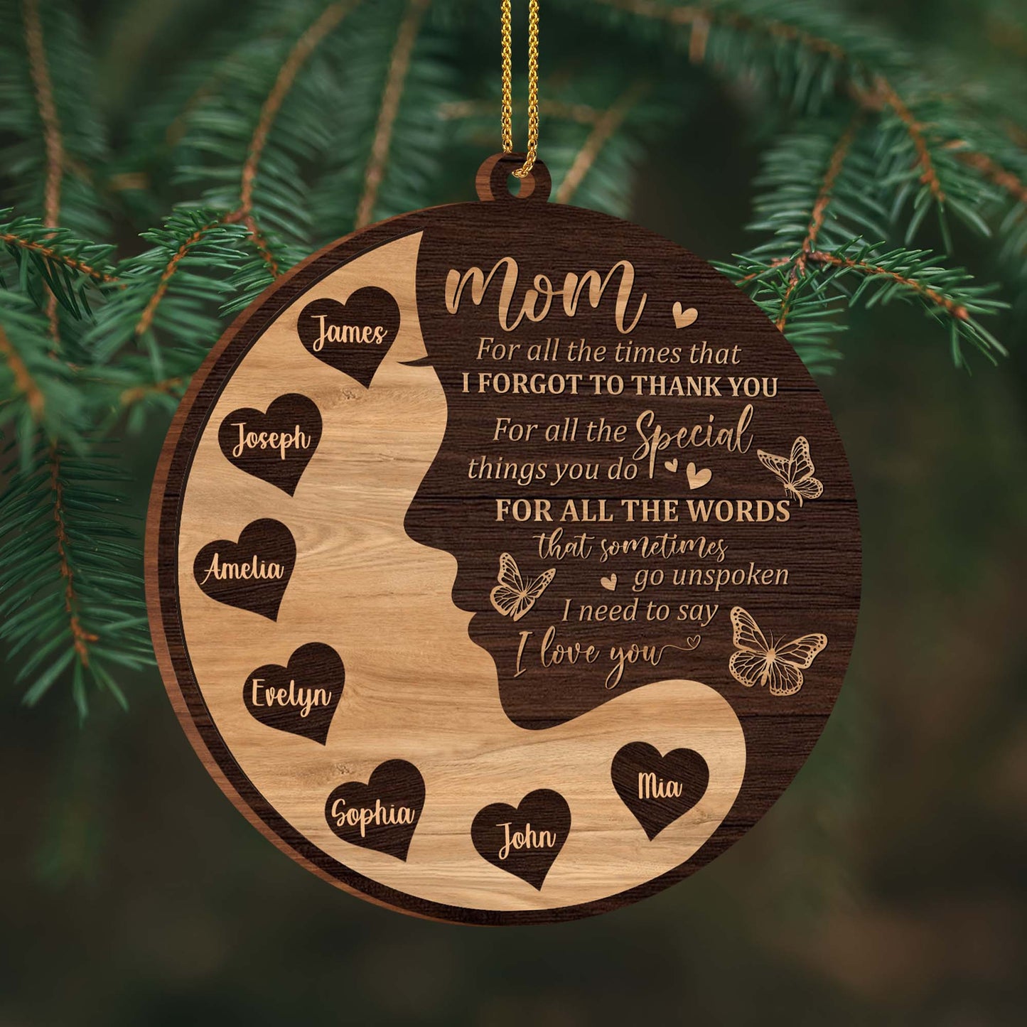 Love And Thanks Mom Wooden Ornament With Hearts And Butterflies