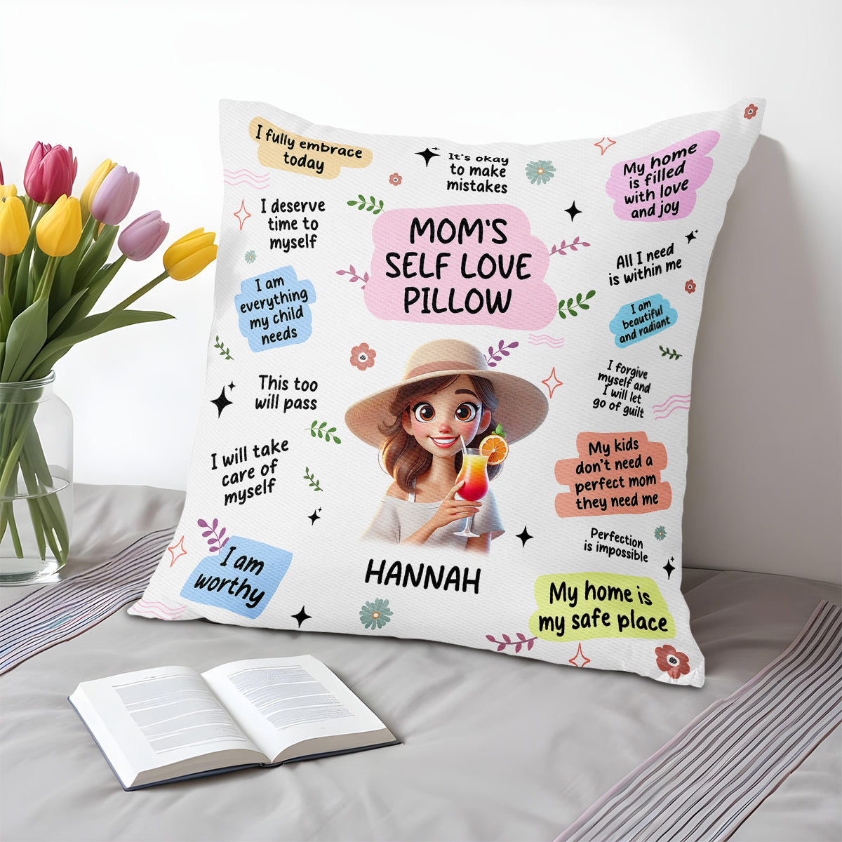Mom's Self Love Pillow With Flowers And Cocktail