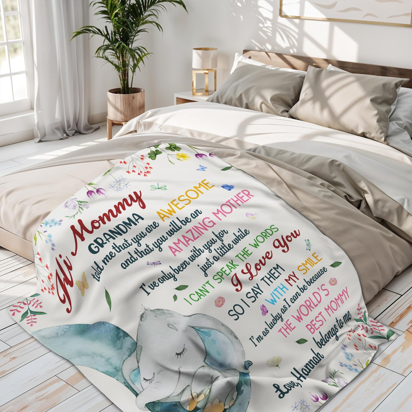 Hi Mommy Grandma, You Are Awesome, Elephant and Flowers Blanket