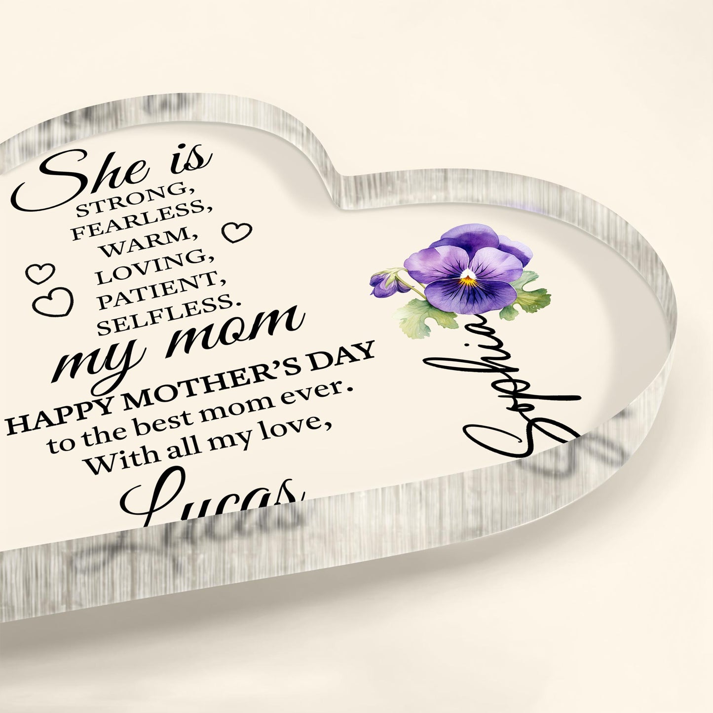 She Is Strong, Fearless, Warm, Loving, My Mom, Heart And Flowers - Personalized Heart Shaped Acrylic Plaque - MOM089_HAP