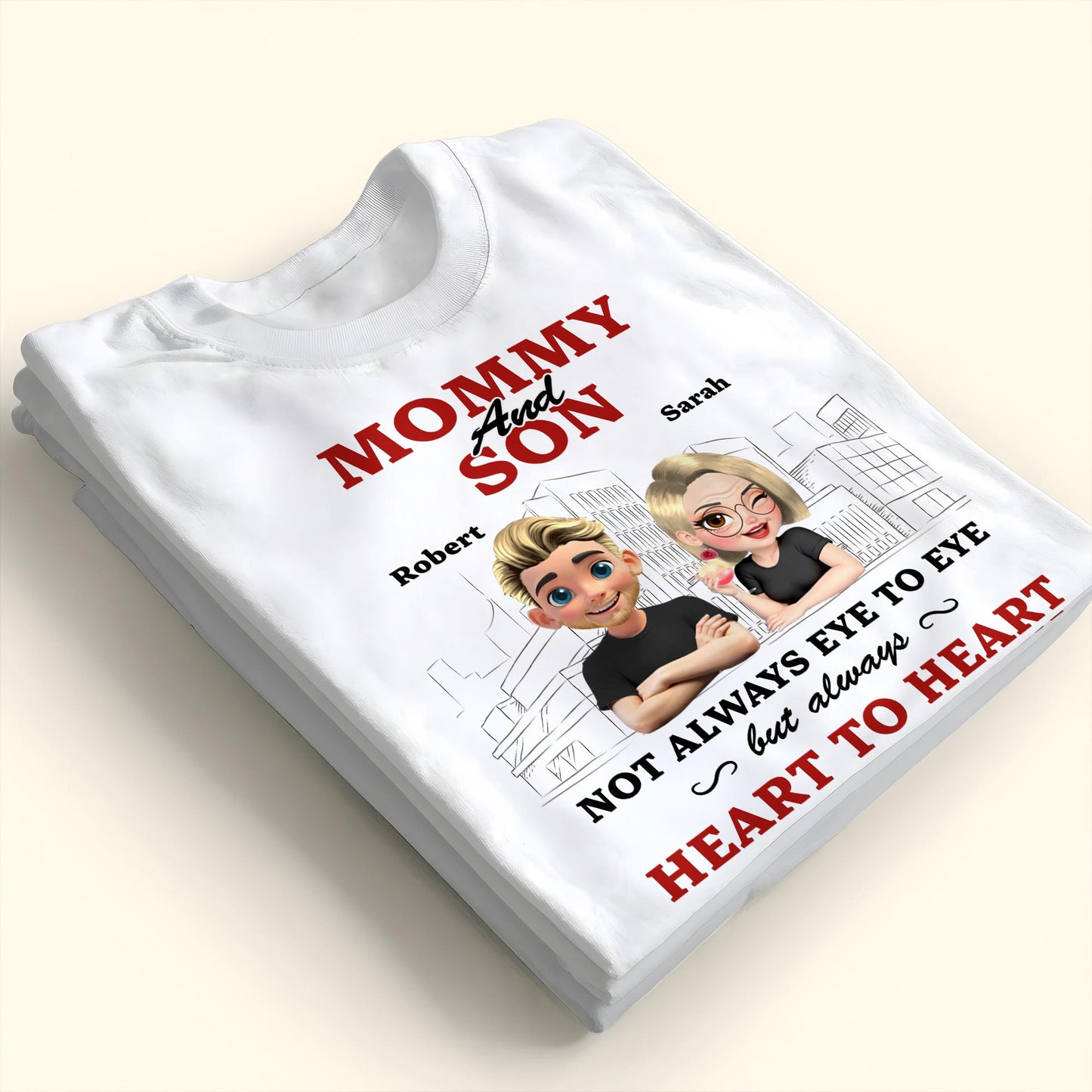 Mommy And Son Not Always Eye To Eye But Always Heart To Heart, Cartoon Characters And Cityscape