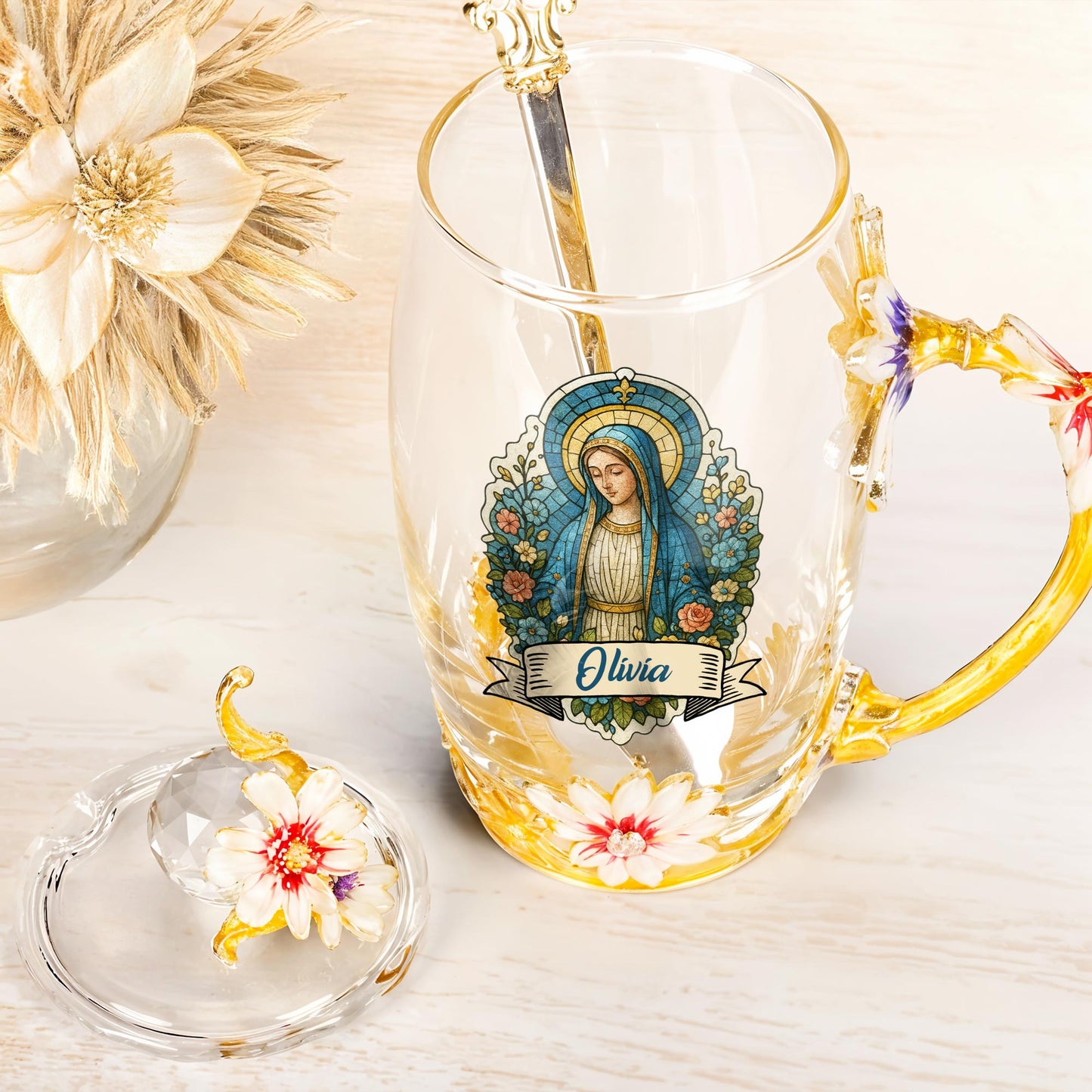 Beautiful Personalized Enamel Flower Tea Cup Featuring Virgin Mary and Floral Design