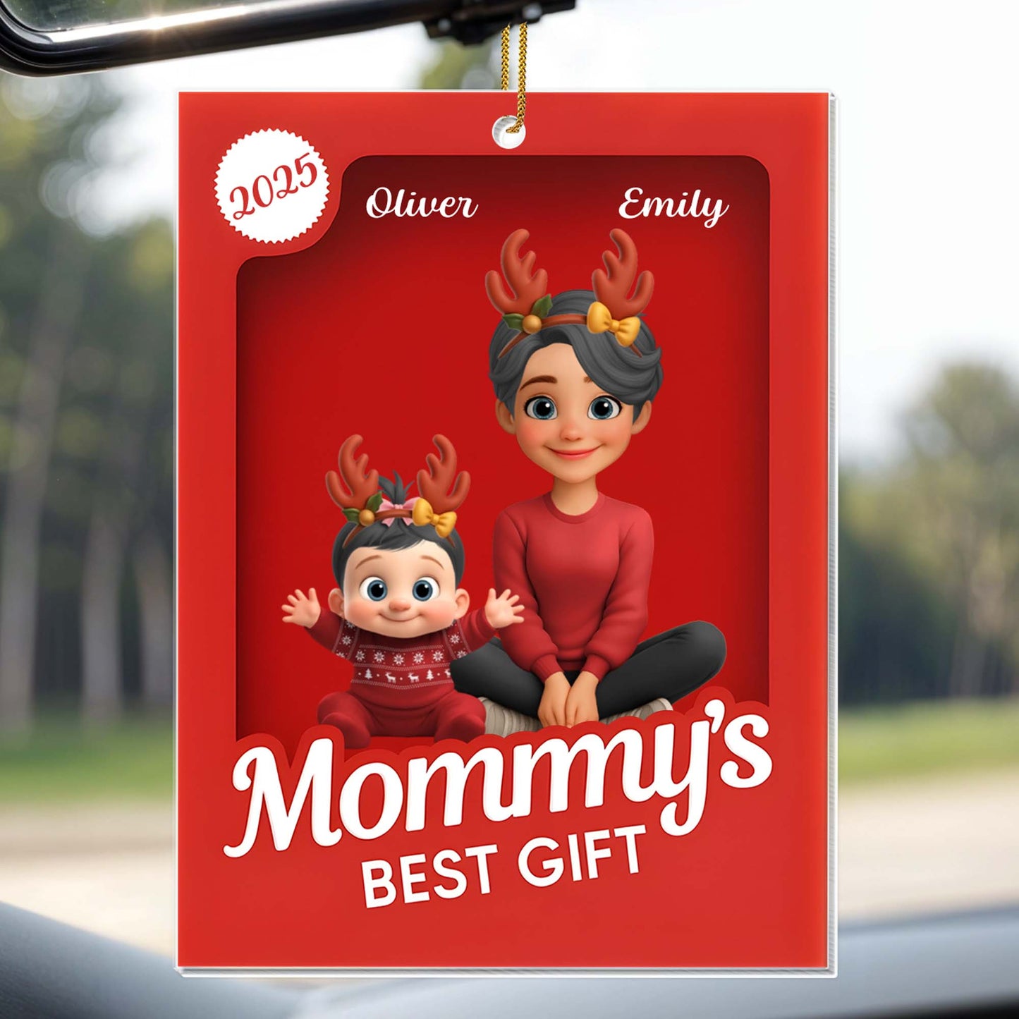 Mommy's Best Gift, Mother And Child With Reindeer Antlers