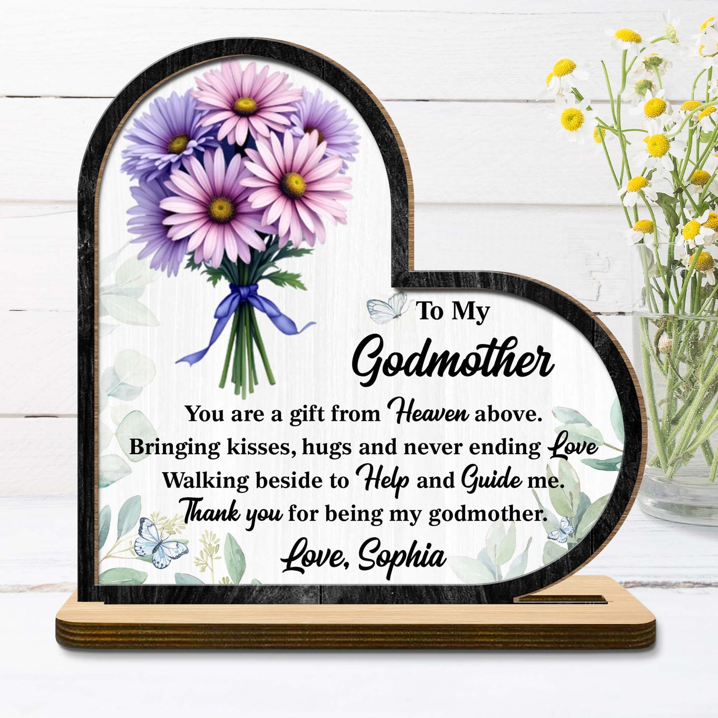 To My Godmother Floral And Butterfly Heart Plaque - Personalized Custom 2-Layer Wood Plaque With Flat Base - MOM146_WPLA