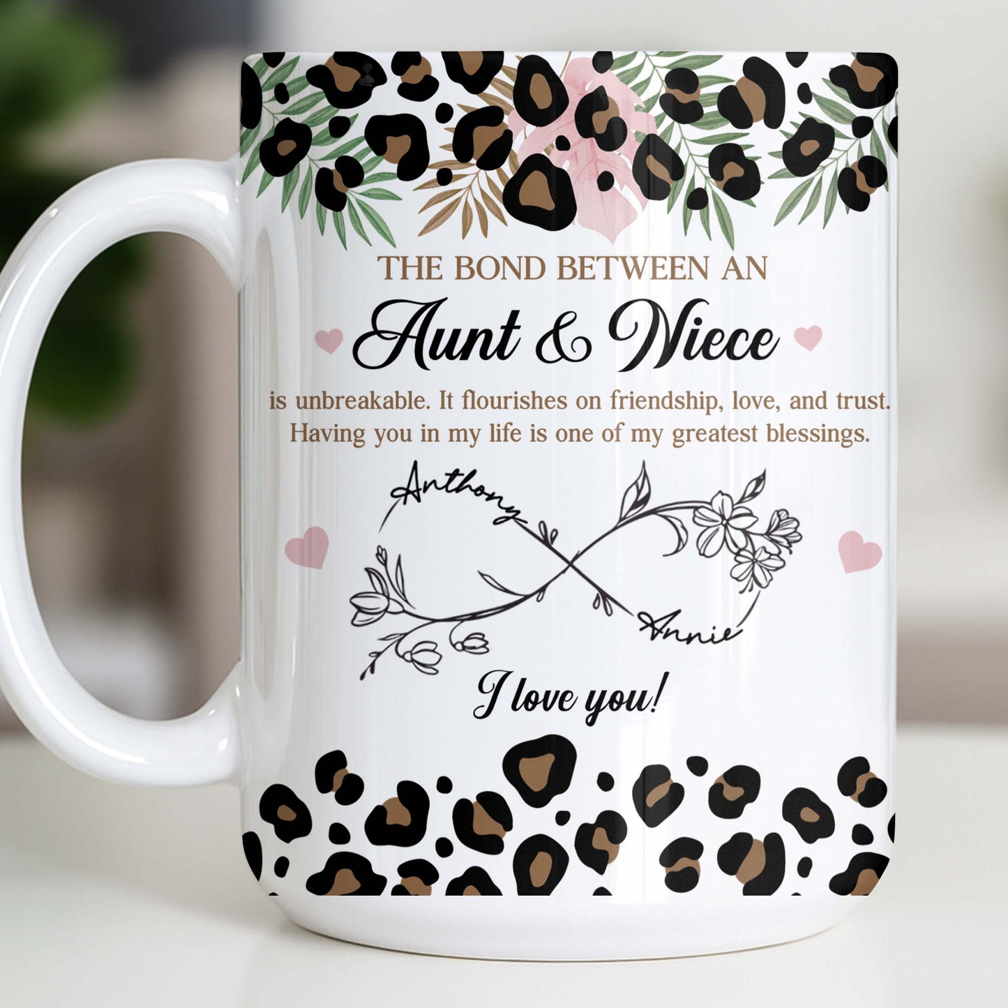 The Bond Between An Aunt & Niece, Leopard Print And Hearts - Personalized Custom Coffee Mug - NCE014_MG
