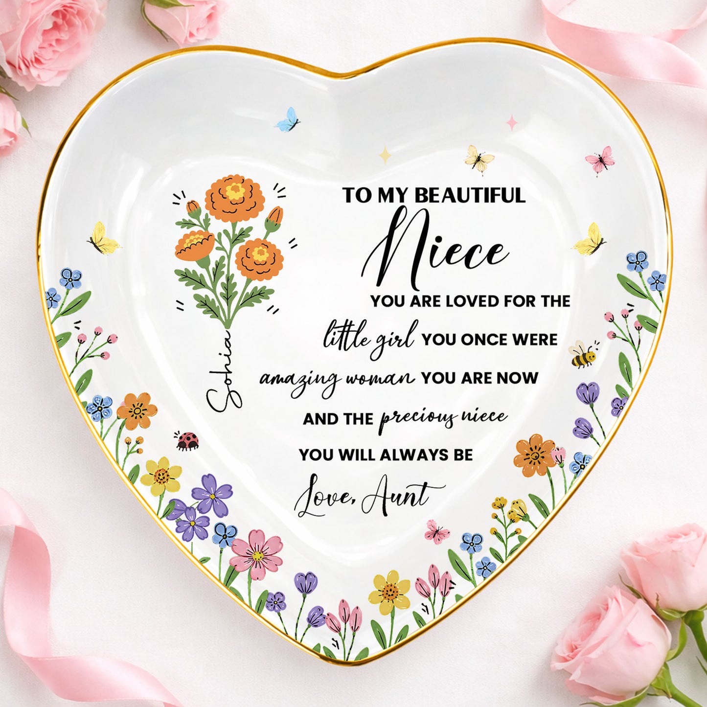 To My Beautiful Niece Birth Month Flowers And Butterflies Jewelry Holder - Personalized Custom Jewelry Dish, Ceramic Dish, Heart Shape - NCE088_HCRF