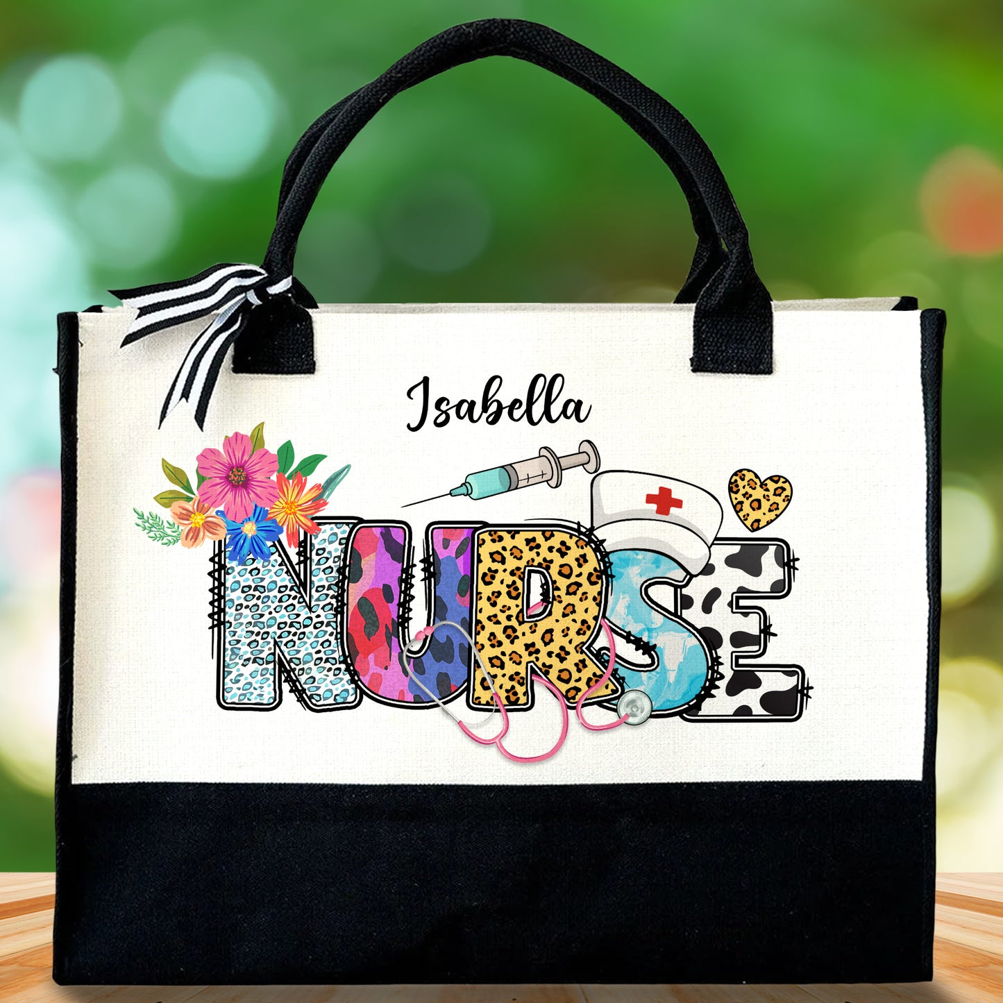 Nurse Artistic Design Tote With Flowers, Medical Symbols