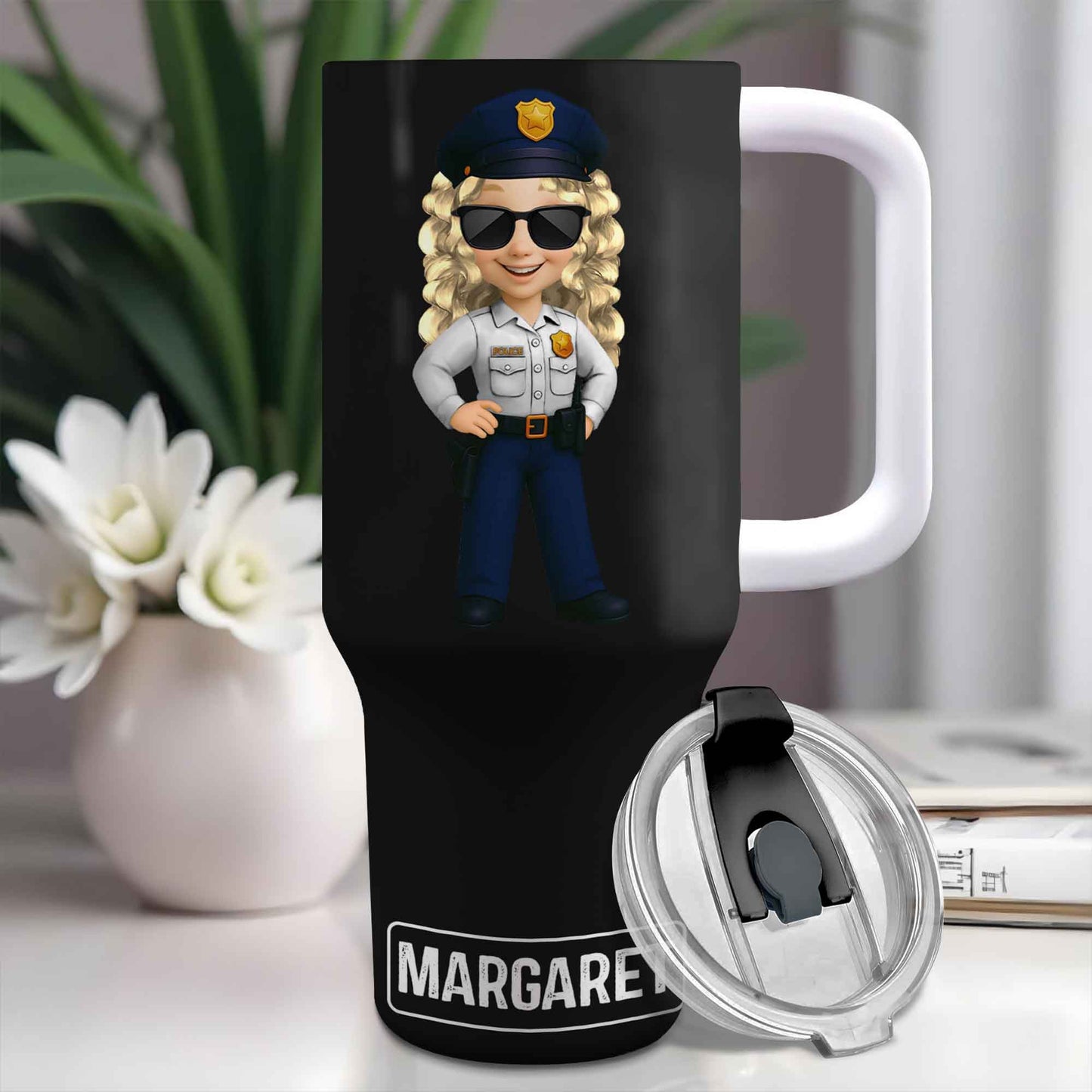 Customizable Tumbler With Black And Blue Thin Line American Flag