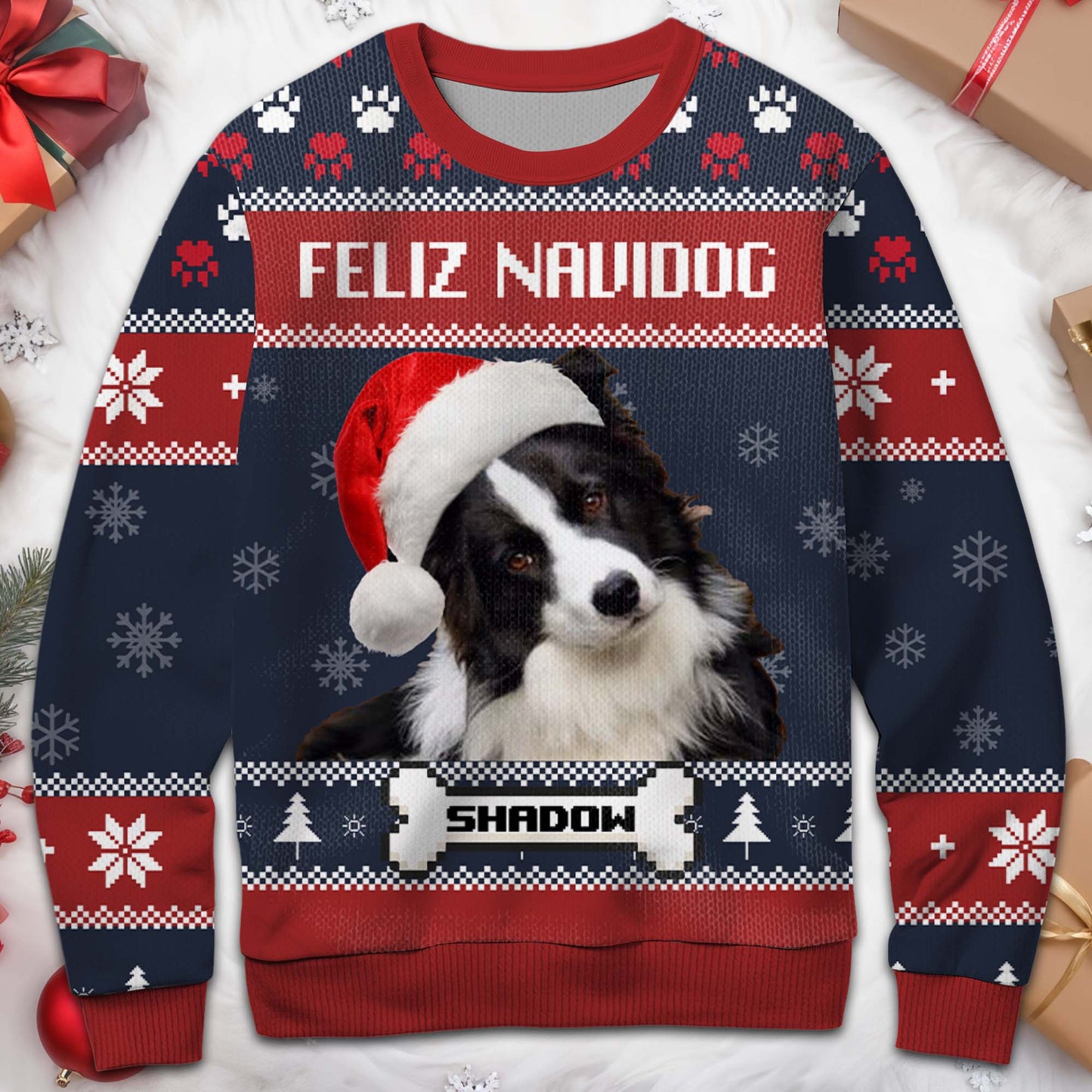 Suéter navideño feo Feliz Navidog con un perrito adorable - Sudadera fea personalizada, jersey de lana unisex - PET055_TWS