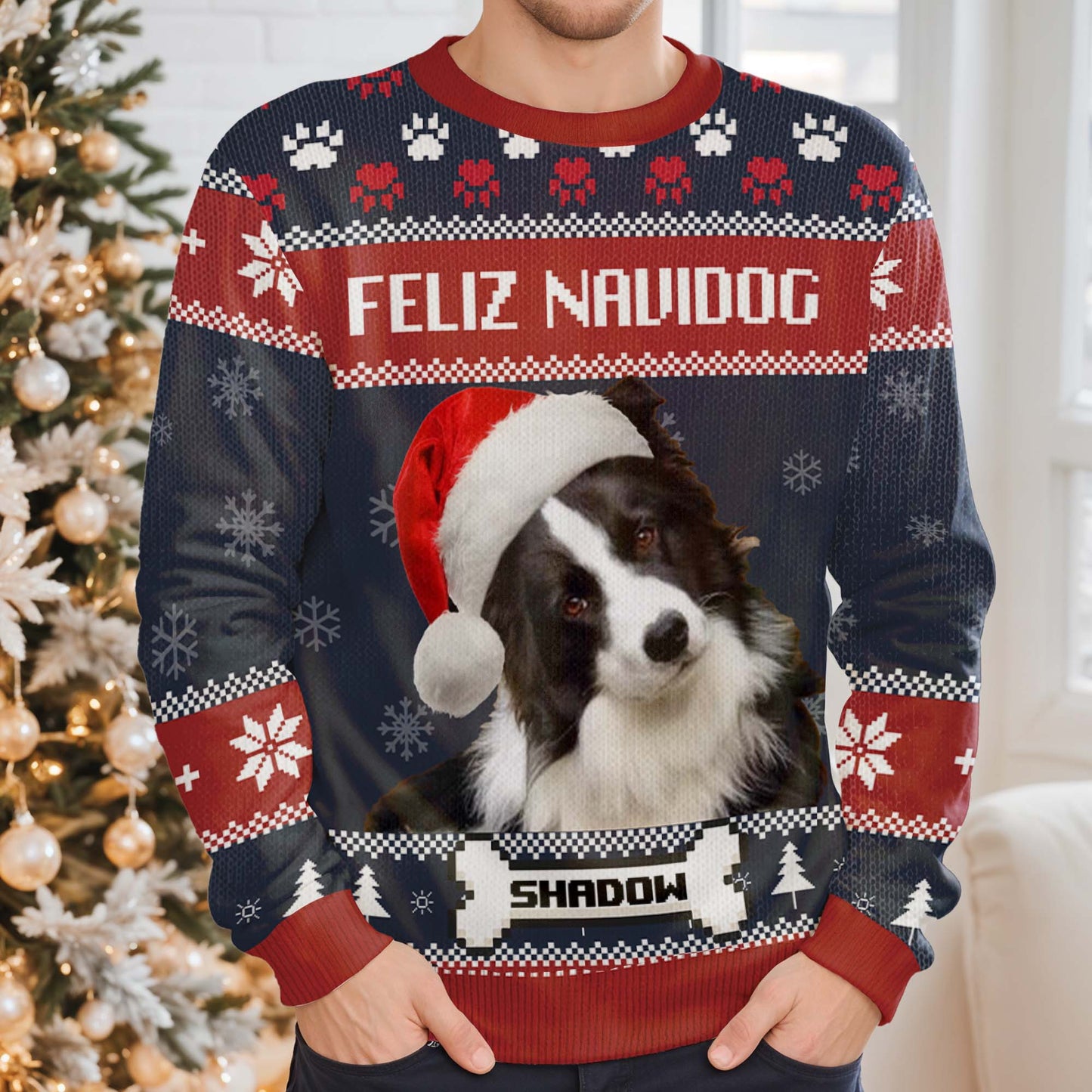 Suéter navideño feo Feliz Navidog con un perrito adorable - Sudadera fea personalizada, jersey de lana unisex - PET055_TWS