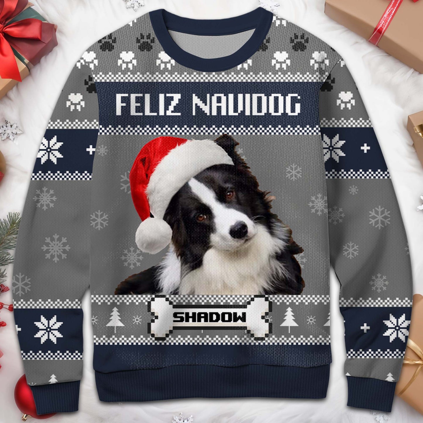 Suéter navideño feo Feliz Navidog con un perrito adorable - Sudadera fea personalizada, jersey de lana unisex - PET055_TWS