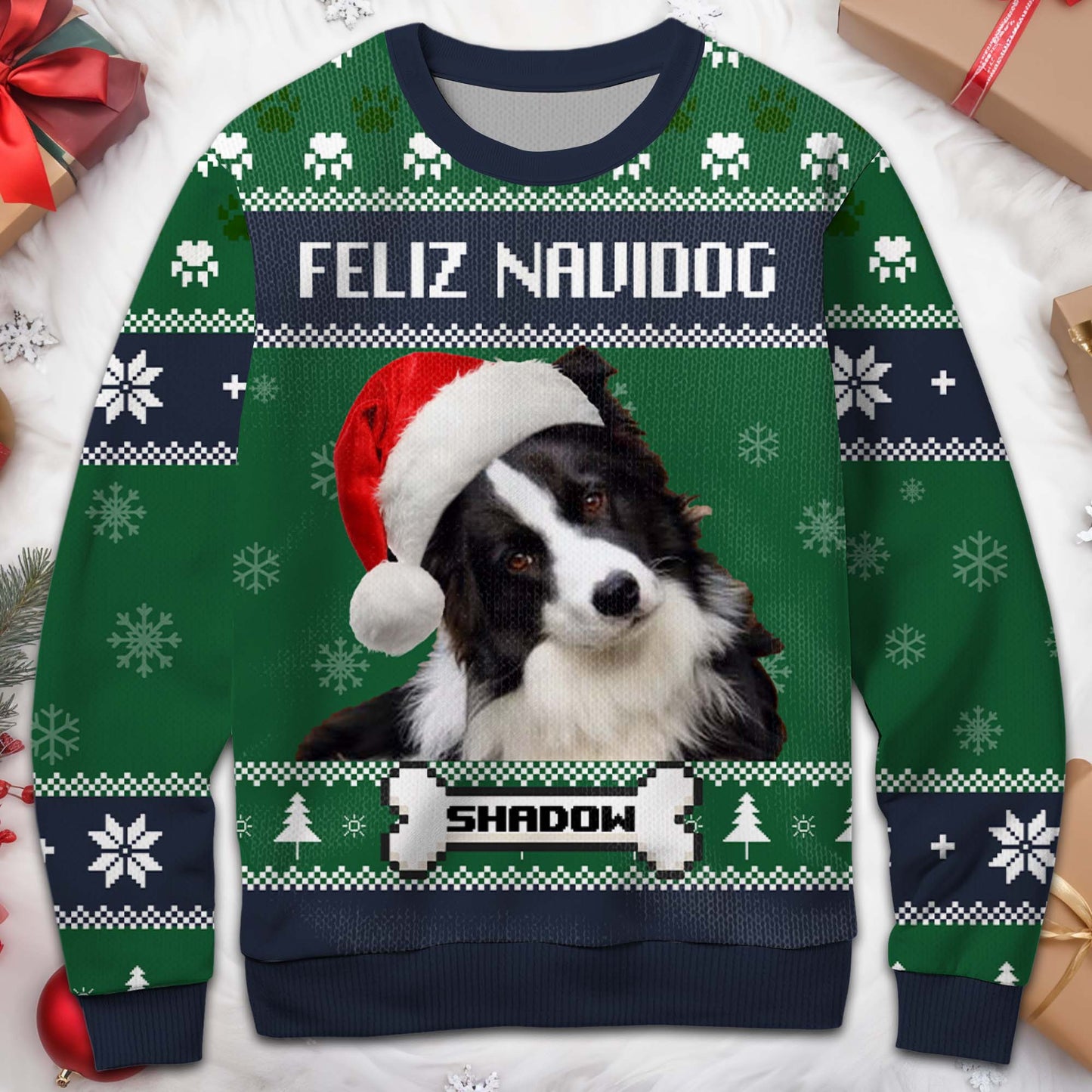 Suéter navideño feo Feliz Navidog con un perrito adorable - Sudadera fea personalizada, jersey de lana unisex - PET055_TWS