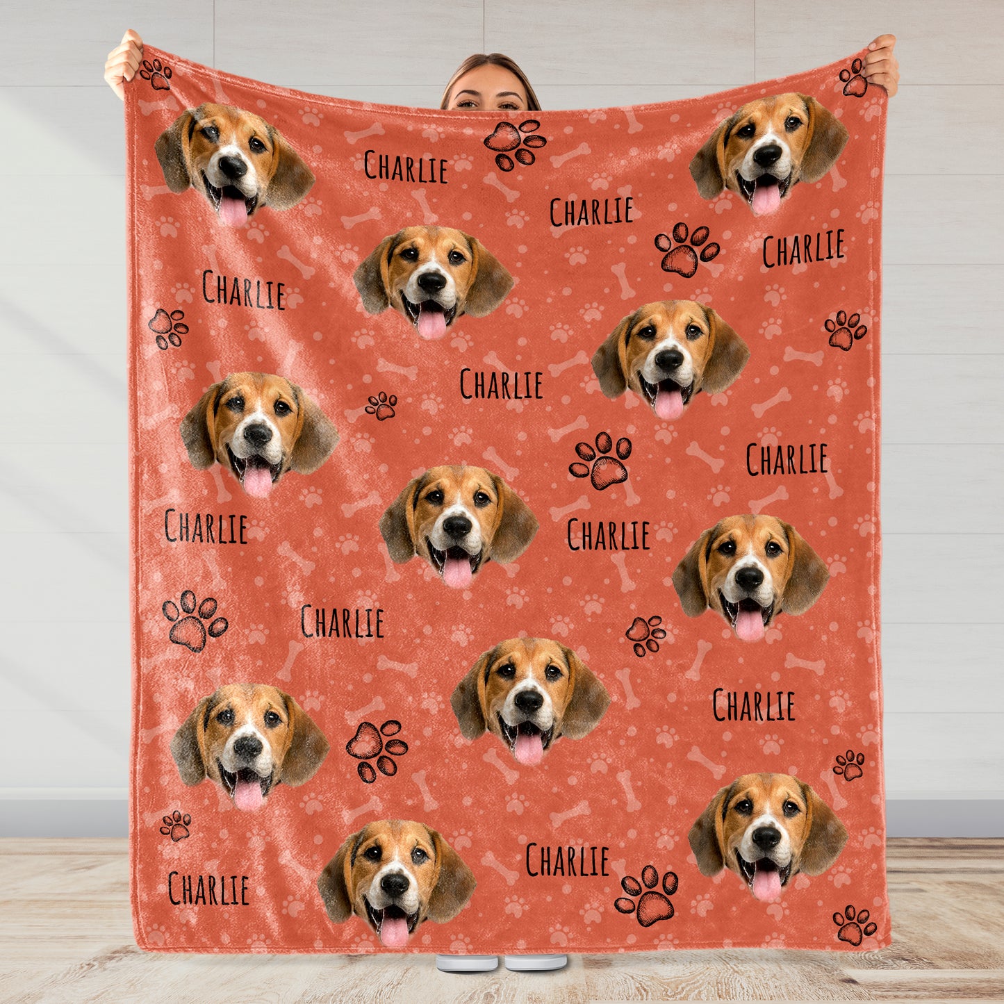 Couverture personnalisée avec portraits de chiens et empreintes de pattes - PET080_BLK