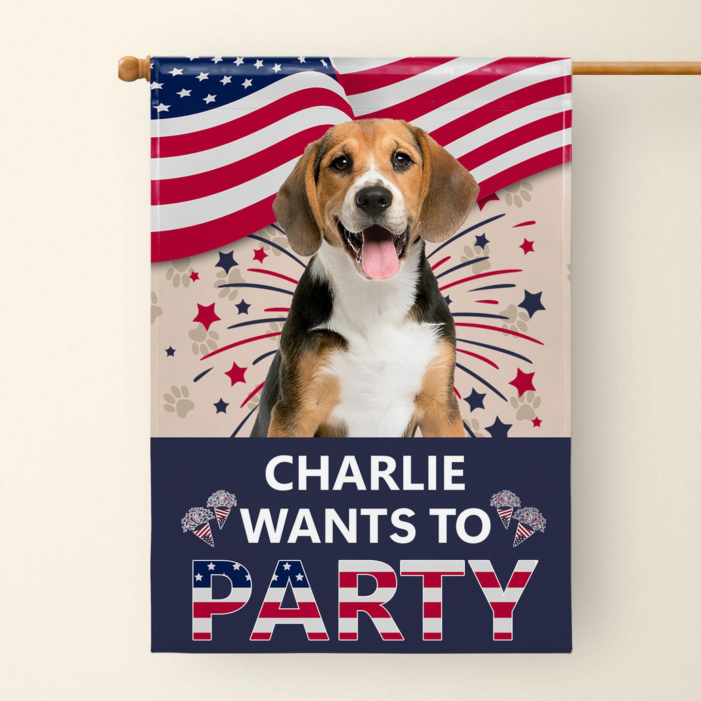 Charlie Wants To Party With American Flag And Paw Prints