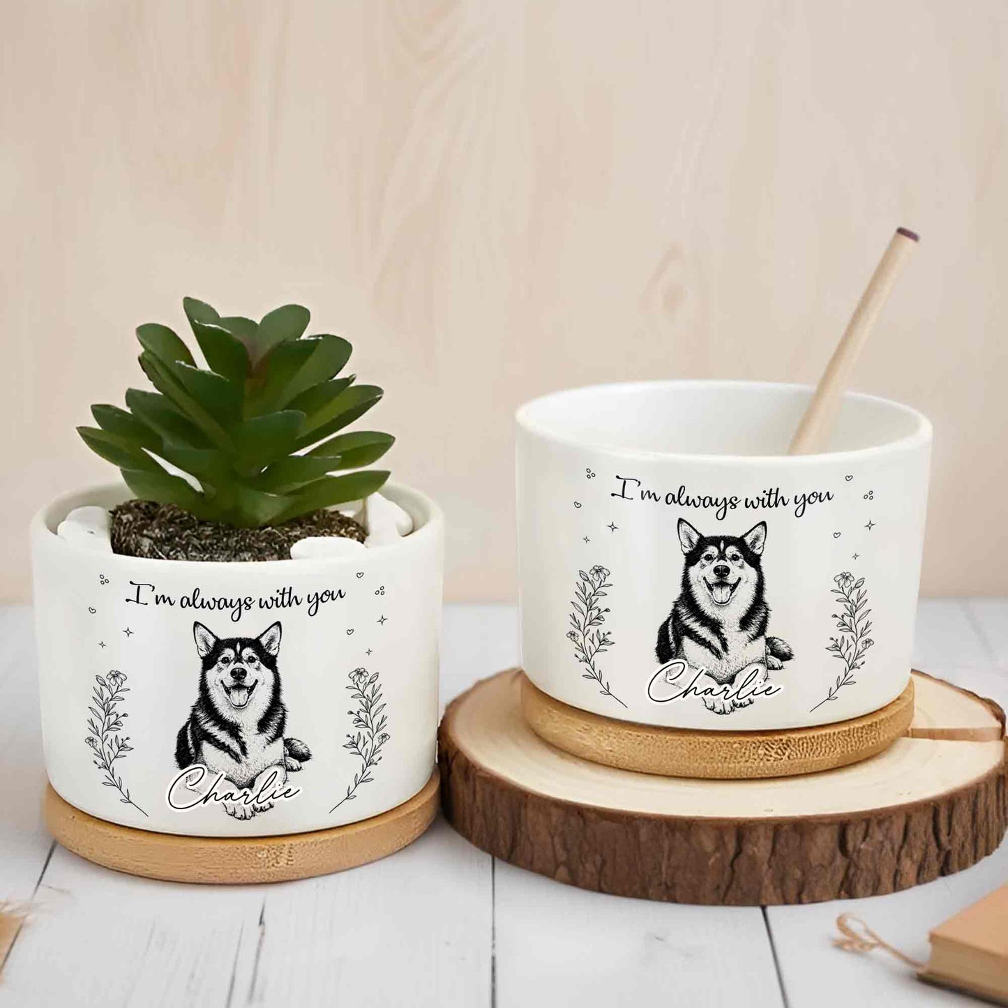 I'm Always With You Husky Dog And Flowers - Personalized Ceramic Plant Pot - PME170_CEP