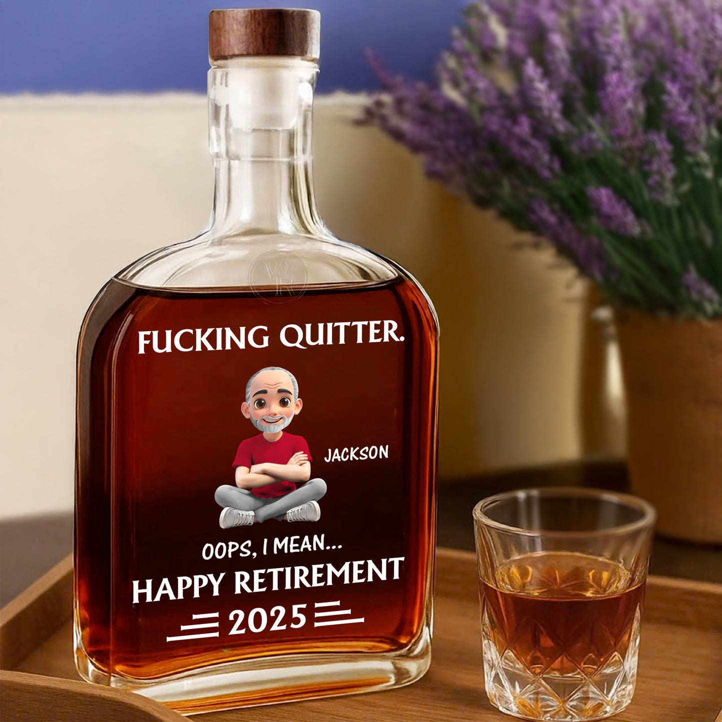 Happy Retirement, Cartoon Character On A Whiskey Bottle
