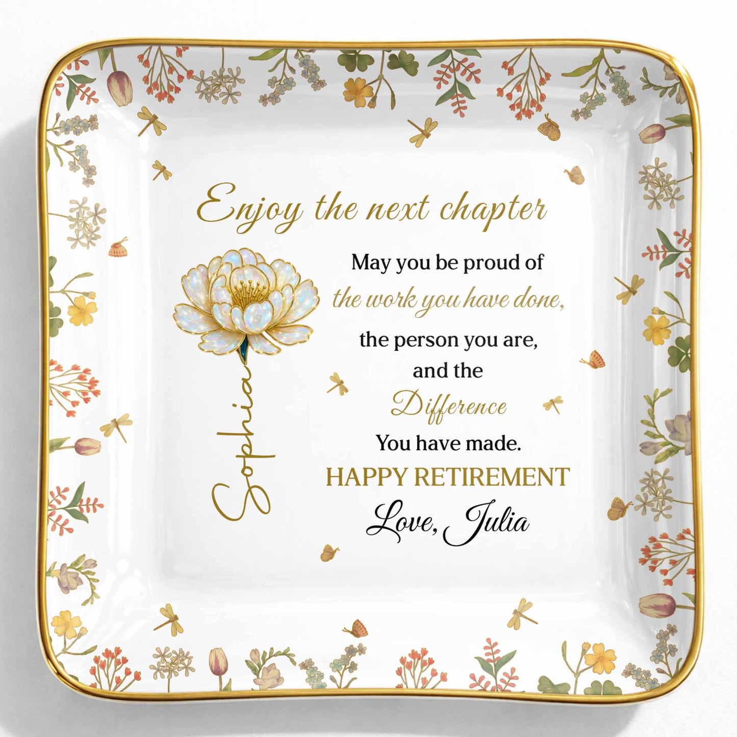 Enjoy The Next Chapter Happy Retirement Floral Jewelry Dish