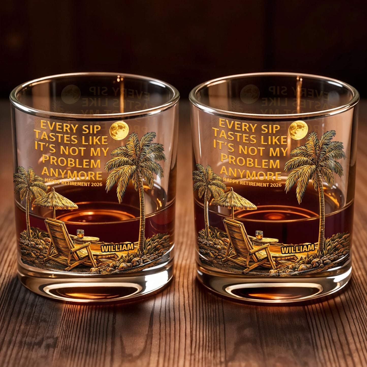 Every Sip Tastes Like It's Not My Problem Anymore, Palm Trees and Sunset - Personalized Custom Whiskey Glass - RETIRE024_RWG