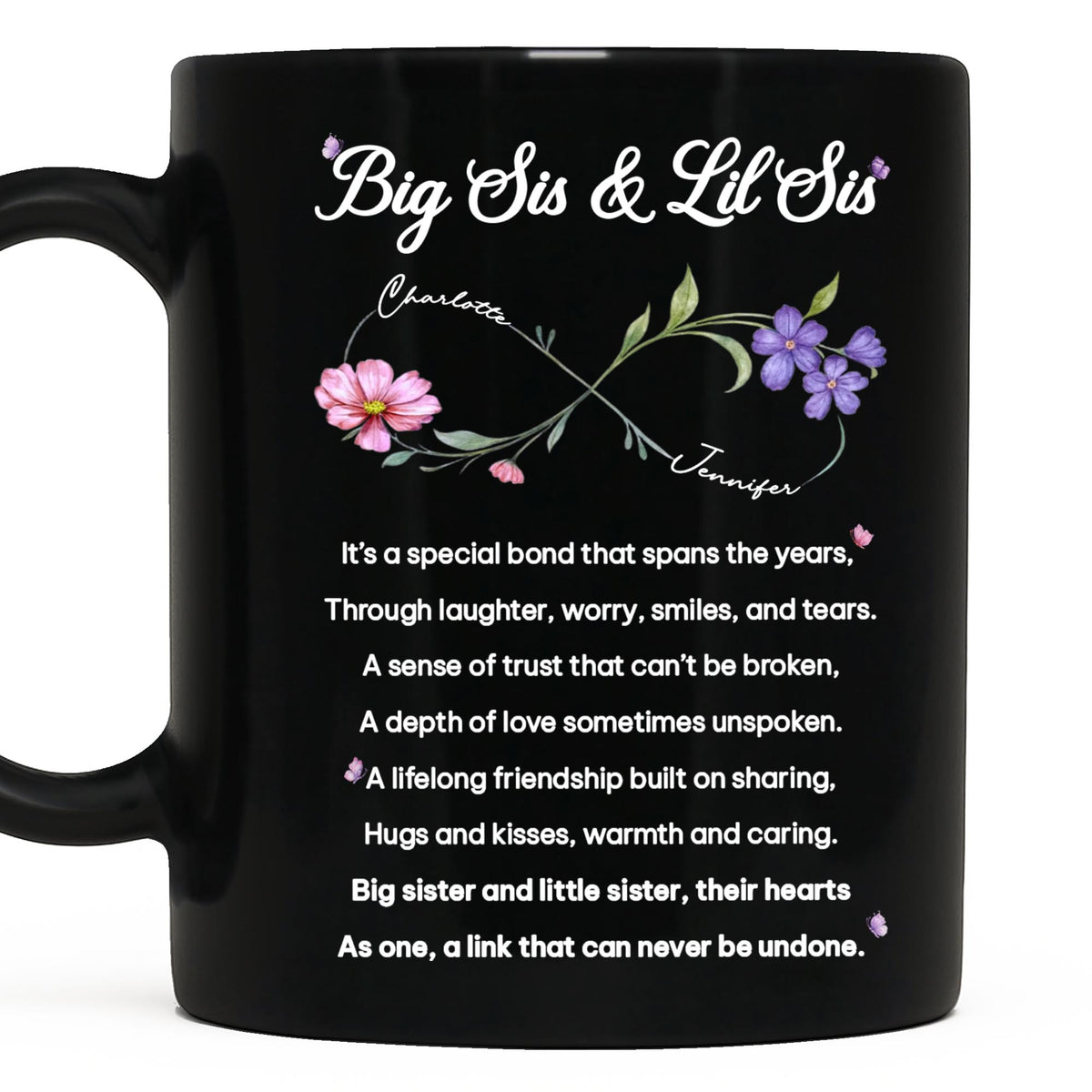 Big Sis and Lil Sis Bond Infinity Birth Month Flowers - Personalized Custom Black Mug - SIS112_BMUG