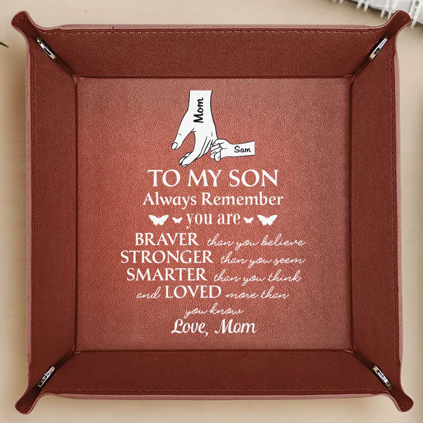 Para mi hijo, siempre recuérdalo, manos y corazones - Bandeja de cuero personalizada - SON051_LTRAY